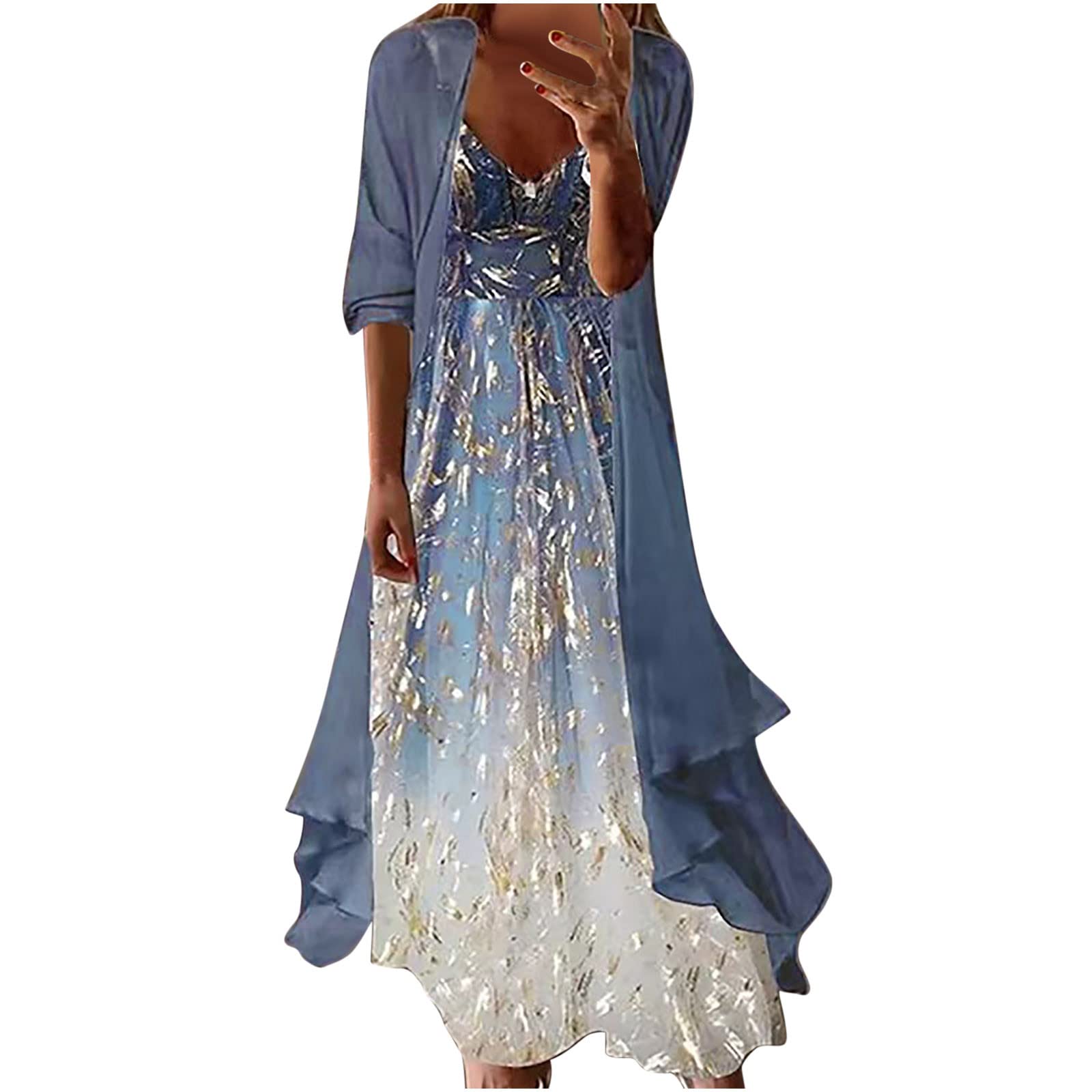 Bohemian Two Piece Outfit for Women - Strappy 3/4 Sleeve Maxi Dress Beach Set | Summer & Fall Holiday Wear | Perfect for Beach Vacations, Music Festivals, and Boho Chic Outings