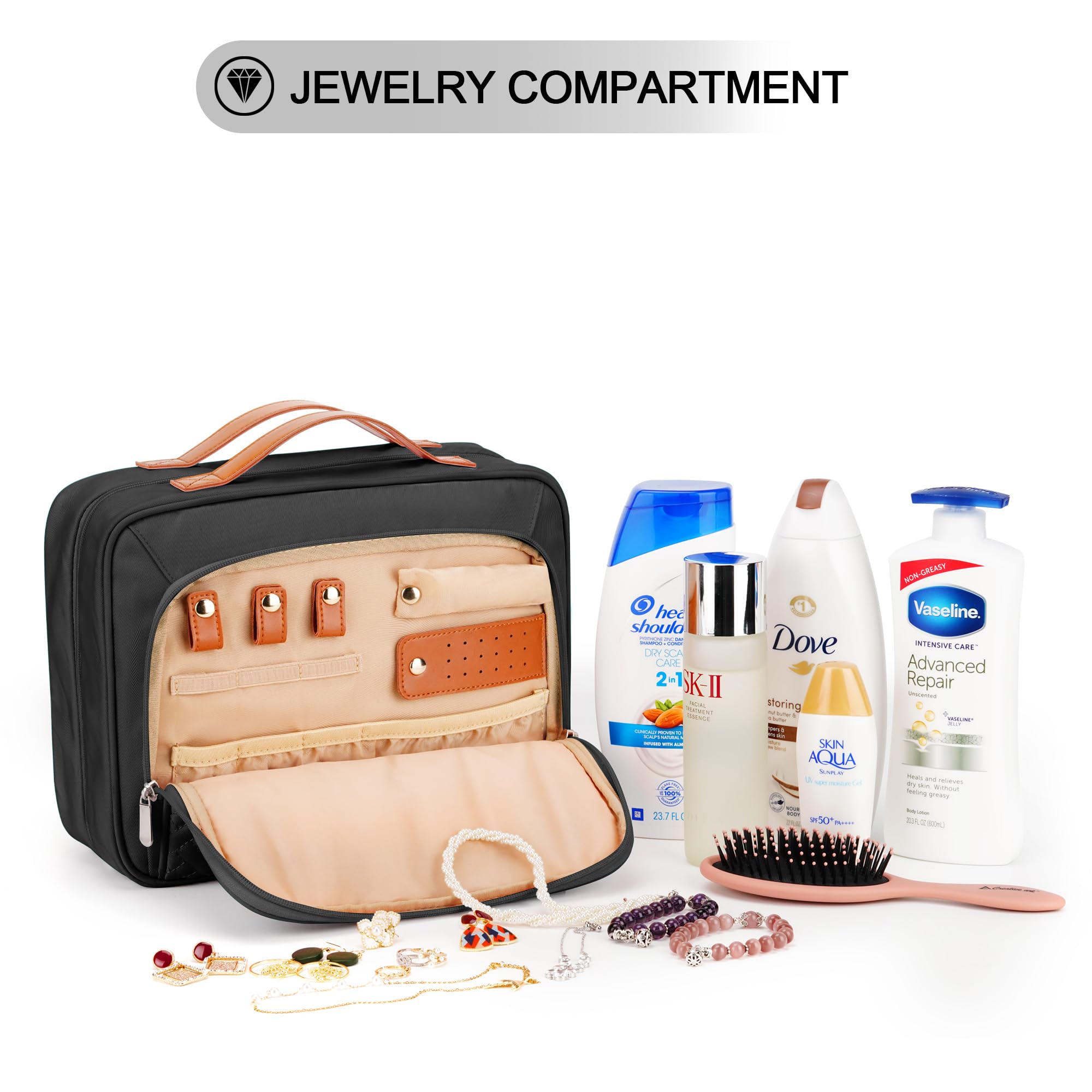 Waterproof Hanging Toiletry Bag for Women with Jewelry Organizer - Travel Cosmetic Essentials & Makeup Accessories Dopp Kit - Medium Size with Trolley Belt (Black) - Perfect for Airplane, Camping & Gym Trips