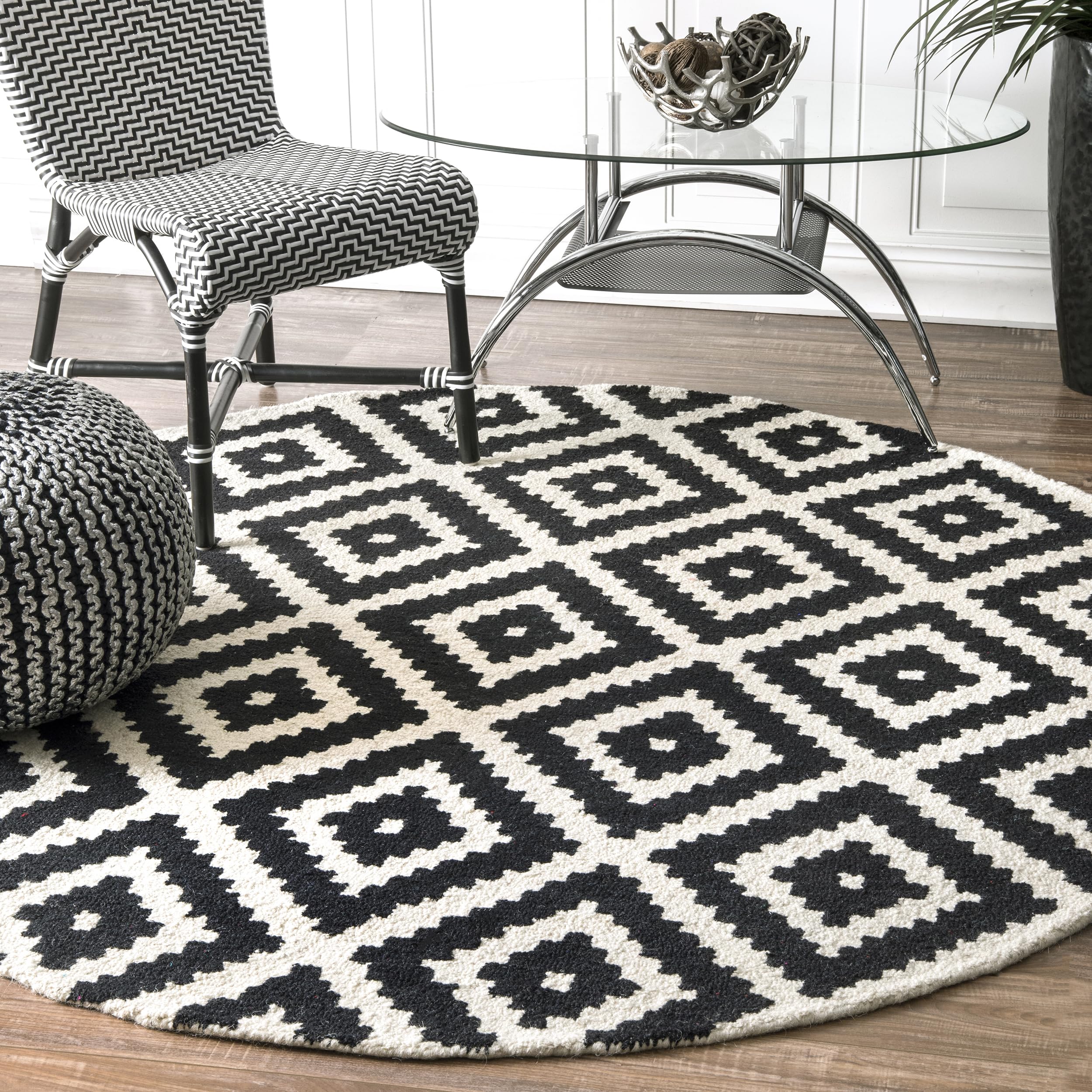 nuLOOM Kellee Hand Tufted Geometric Wool Area Rug - 8' Round Black Modern Circle Rug for Living Room, Bedroom & Office Decor