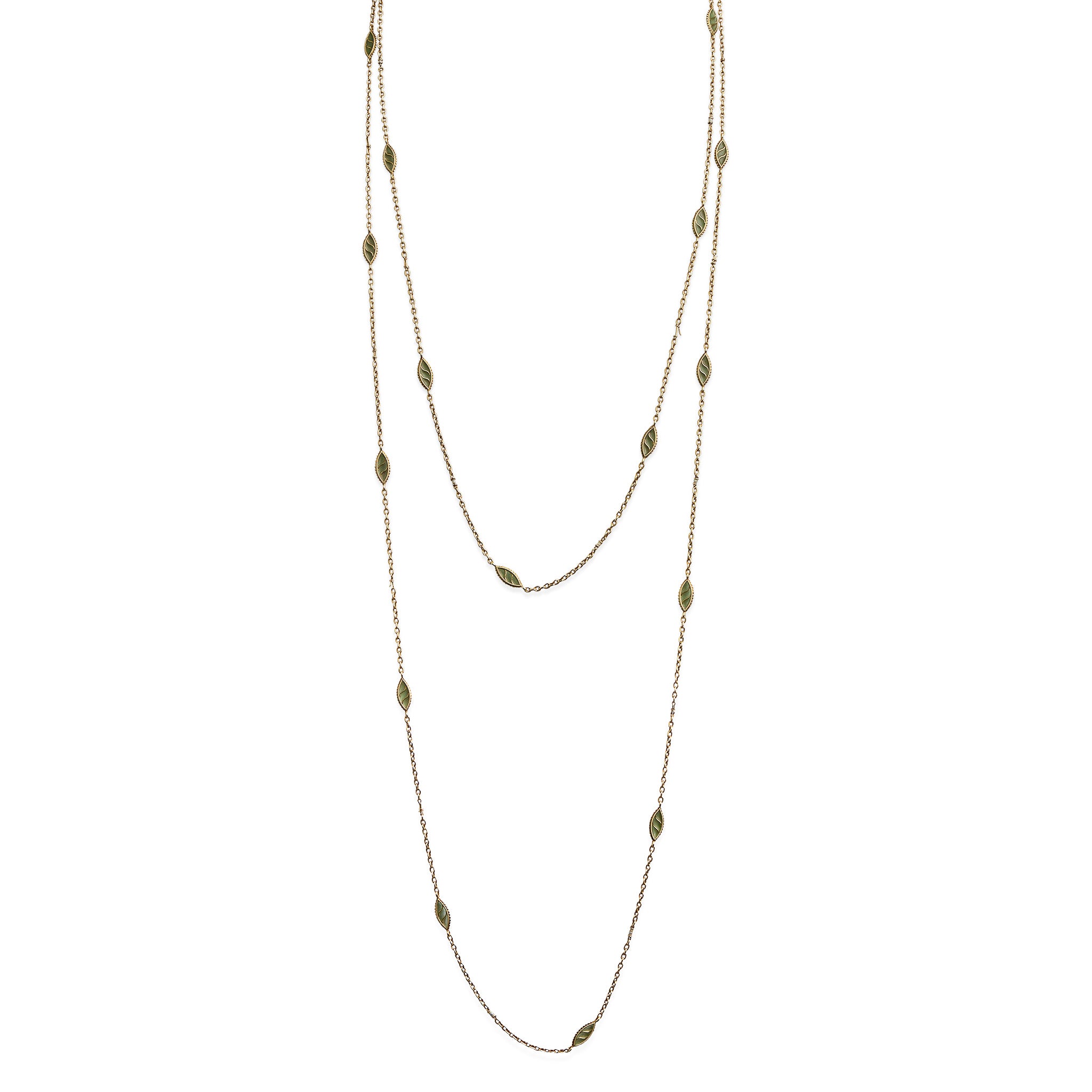Exquisite French Art Nouveau 18K Gold Plique-à-Jour Enamel Long Chain Necklace - Vintage Jewelry for Women, Bridal Gift & Special Occasions