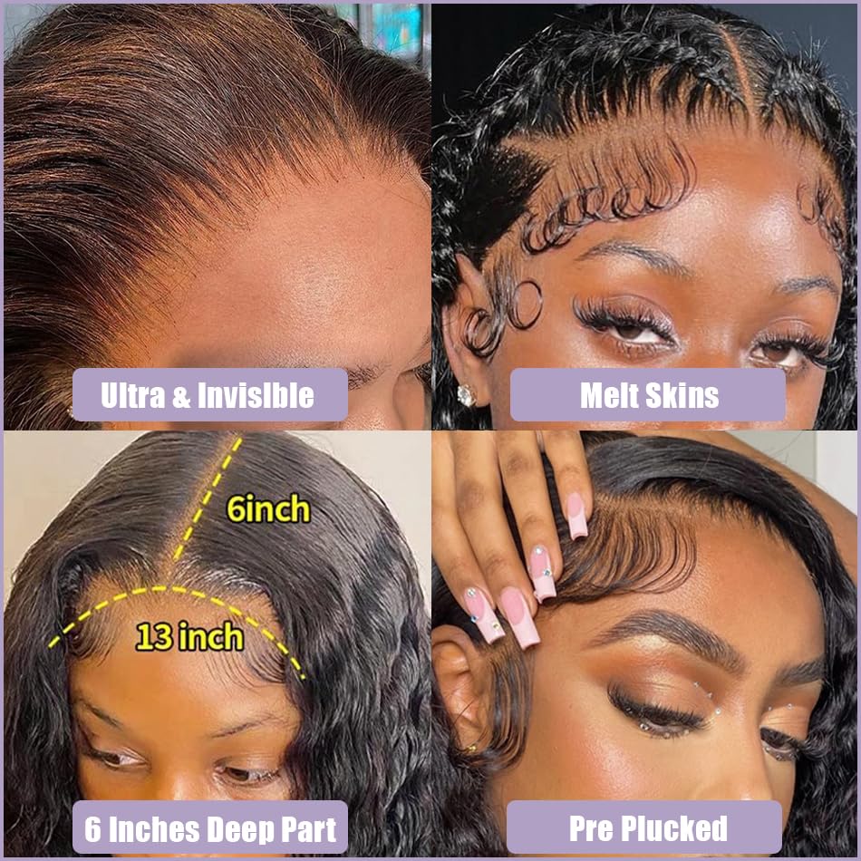 13x6 HD Lace Front Wigs Human Hair 180% Density Water Wave Wet & Wavy Curly Lace Wig - Pre Plucked with Baby Hair, Natural Color (22 Inch) for Daily Wear, Cosplay & Special Occasions