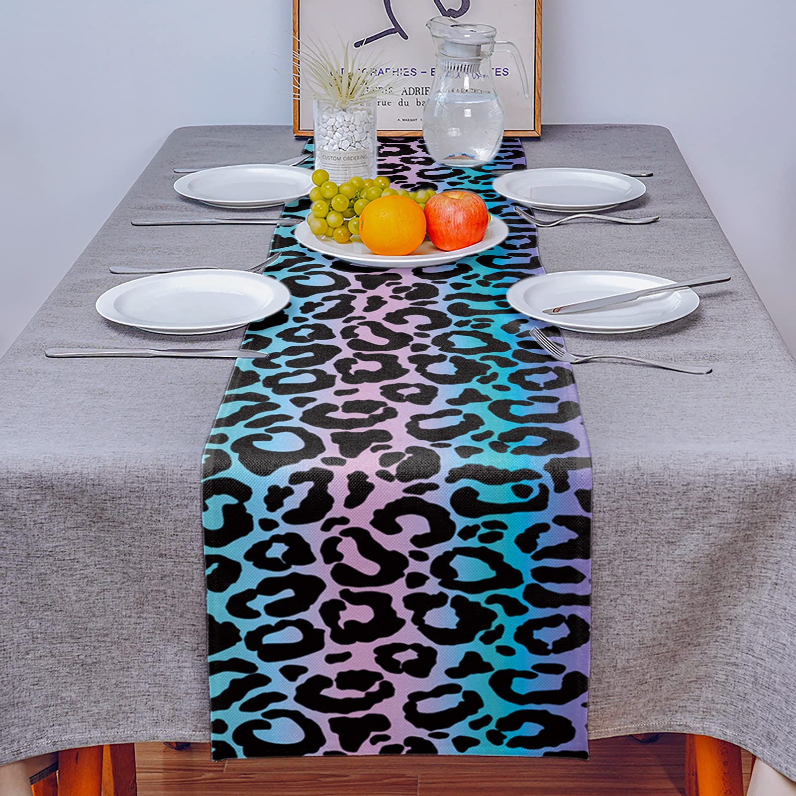 Savannan Gradient Leopard Print Cotton Linen Table Runner - 18x72 Inch Long Kitchen Dining Table Scarf for Home Decor, Family Dinners & Party Gatherings | Perfect for Holiday Entertaining & Everyday Use