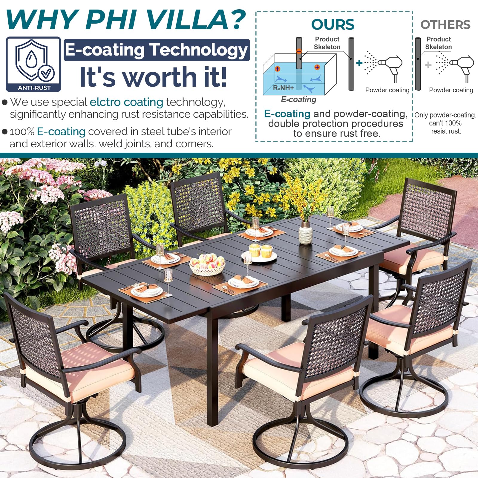 PHI VILLA 7-Piece Outdoor Patio Dining Set - Extendable Metal Table & 6 Swivel Chairs with Cushions - Perfect for Bistro, Backyard, Garden, Poolside & Outdoor Entertaining