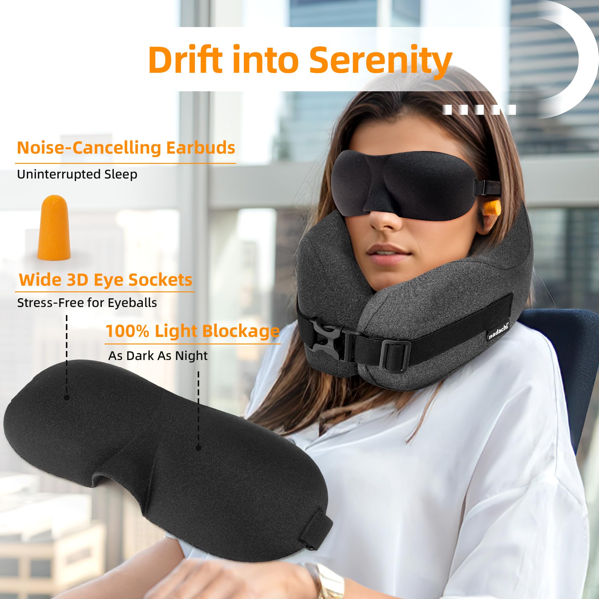 Memory Foam Travel Neck Pillow for Airplane Sleeping - 3D Contoured Support with Eye Mask & Earplugs - Long Flight Essentials Set in Gray - Perfect for Business Trips, Redeye Flights & Road Trips