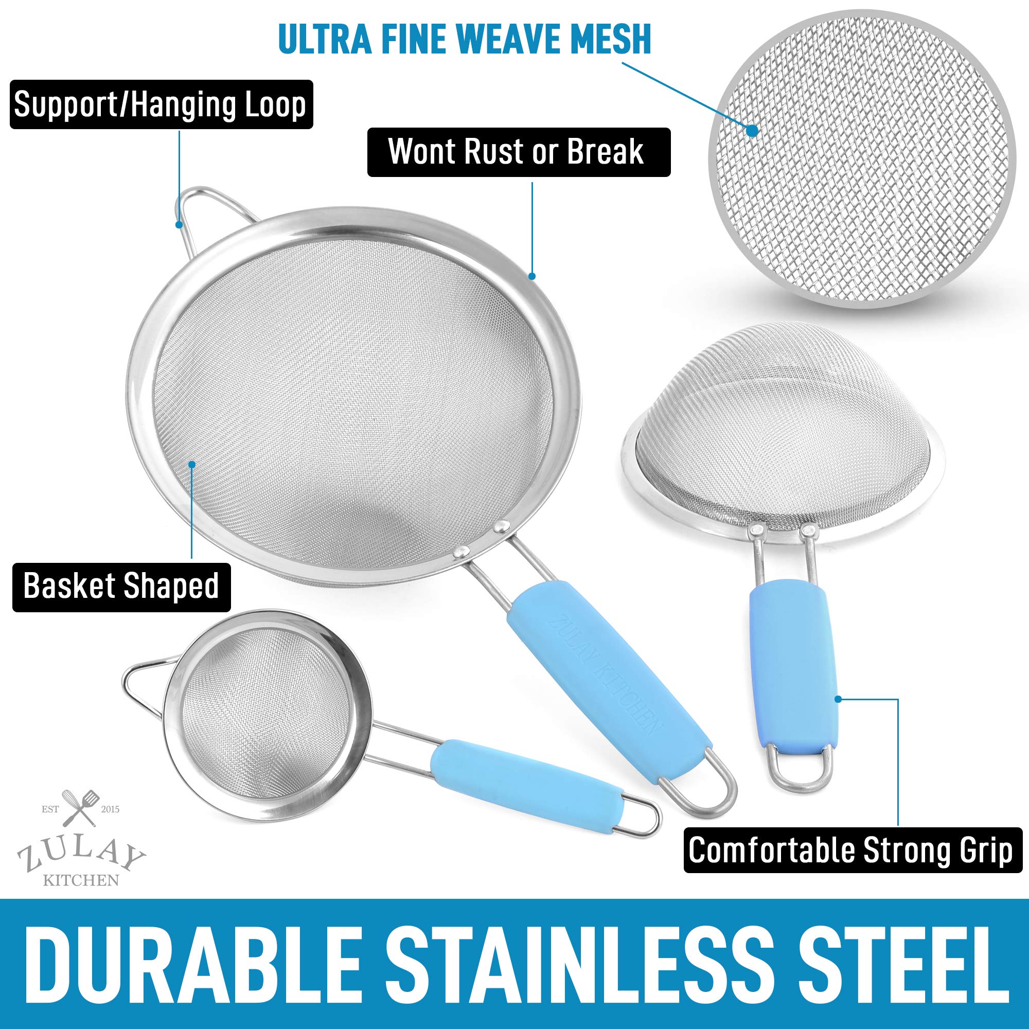 Premium Stainless Steel Strainer Set - 3 Sizes for Kitchen Use - Durable & Non-Slip - Perfect for Straining Pasta, Tea & Baking