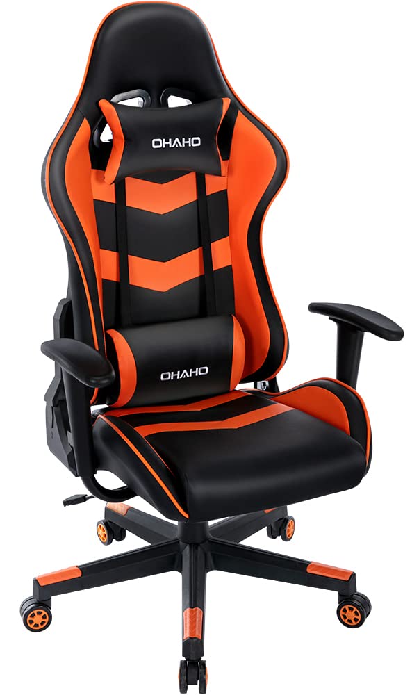 OHAHO Ergonomic Gaming Chair - High Back Racing Office Chair with Headrest & Lumbar Support, PU Leather Computer Desk Chair for Home & Work, Swivel Executive Chair with Massage Function (Orange) - Perfect for Gamers, Office Workers & Home Use
