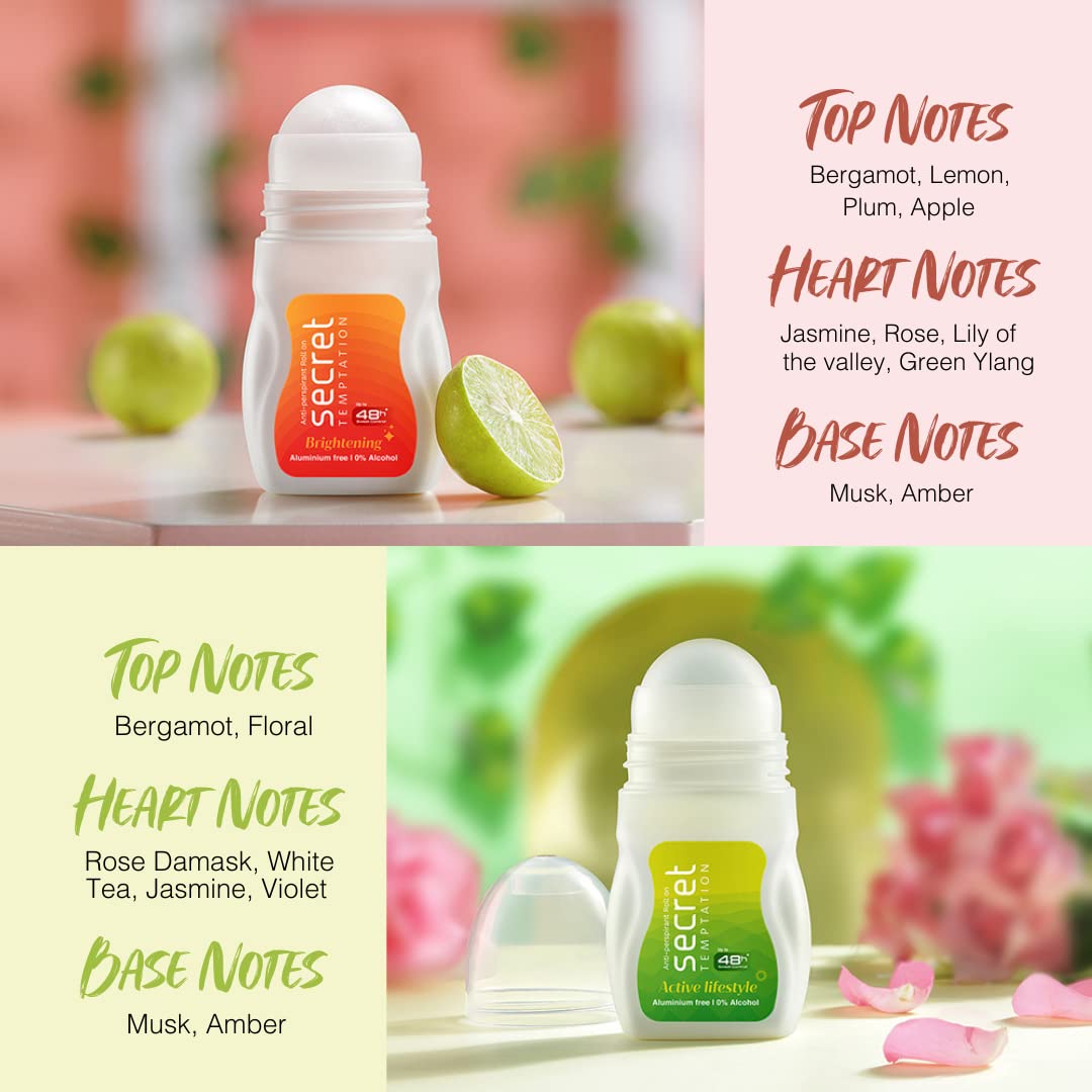 Secret Temptation Active Lifestyle & Brightening Fresh Underarm Roll-On Deodorant Combo for Women | Long-Lasting Odor Protection | Perfect for Gym, Work & Daily Freshness