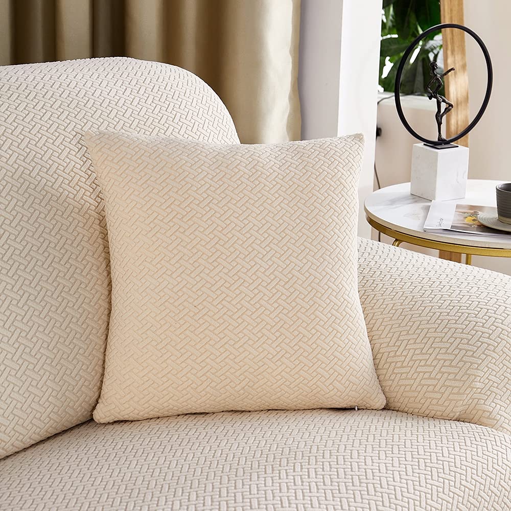 Stretch Sofa Cover Elastic Slipcover - Universal Fit for 4 Seater Couch, Loveseat & Chair - Printed Pattern Fabric Furniture Protector (Beige) - Perfect for Living Room, Home Decor & Pet Protection