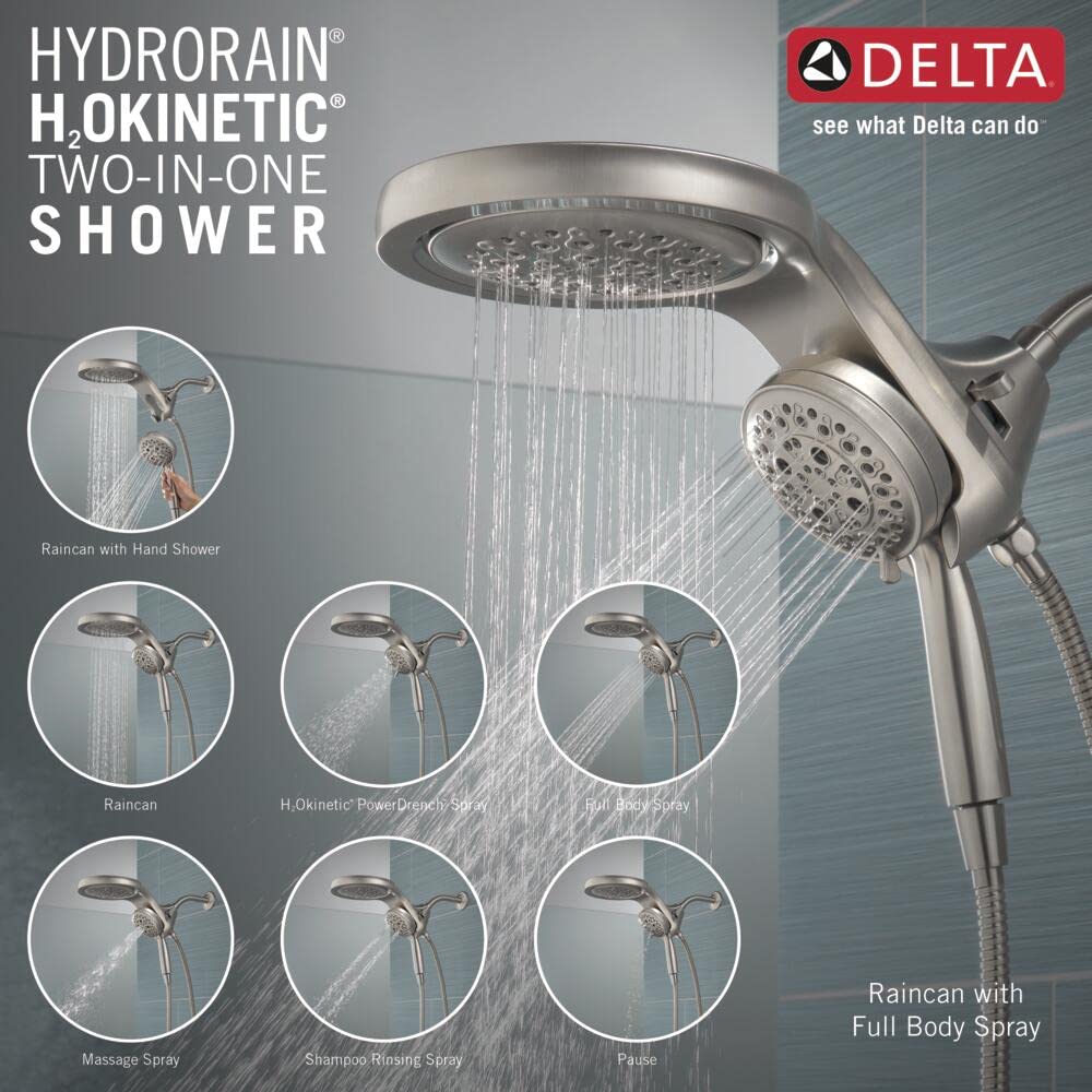 Delta Faucet HydroRain 5-Spray H2Okinetic Dual Shower Head with Handheld Spray - Brushed Nickel Shower Head with Hose, 2.5 GPM Flow Rate, Stainless Steel 58680-SS25 - Perfect for Bathroom Renovation & Spa-Like Shower Experience