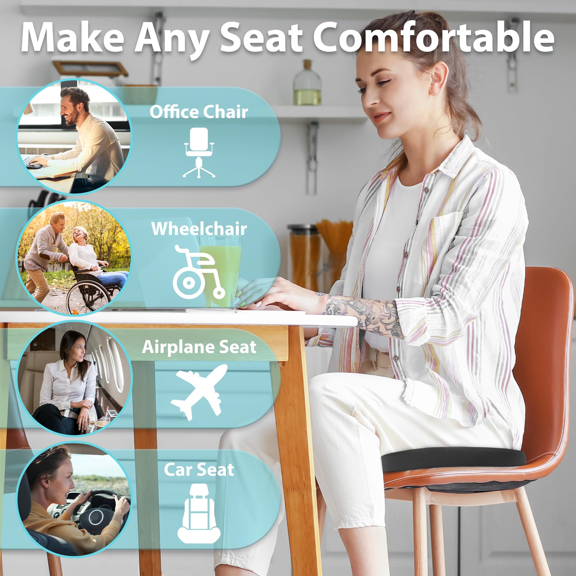 Elantrip Ergonomic Memory Foam Seat Cushion - Coccyx Support Pillow for Office Chair, Car & Home Use - Non-Slip Washable Cover for Sciatica & Tailbone Pain Relief - Perfect for Long Sitting, Driving & Work from Home (Black)