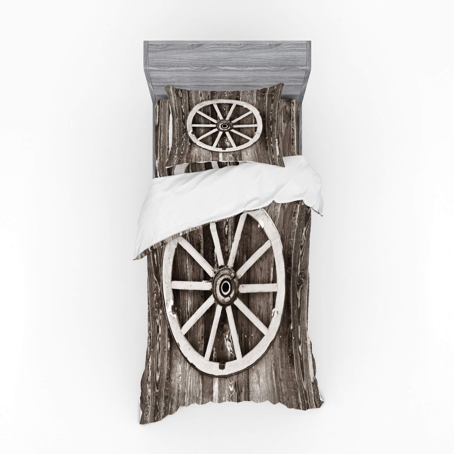 **Ambesonne Vintage Barn Wood Wagon Wheel Bedding Set – 3-Piece Duvet Cover with Sham & Fitted Sheet, Twin Size, Dark Brown & White – Perfect for Farmhouse, Rustic, or Country-Themed Bedrooms**    *(Use Case: Ideal for farmhouse-style bedrooms, rustic cabins, or country-themed home decor, adding a cozy and nostalgic charm to your sleeping space.)*