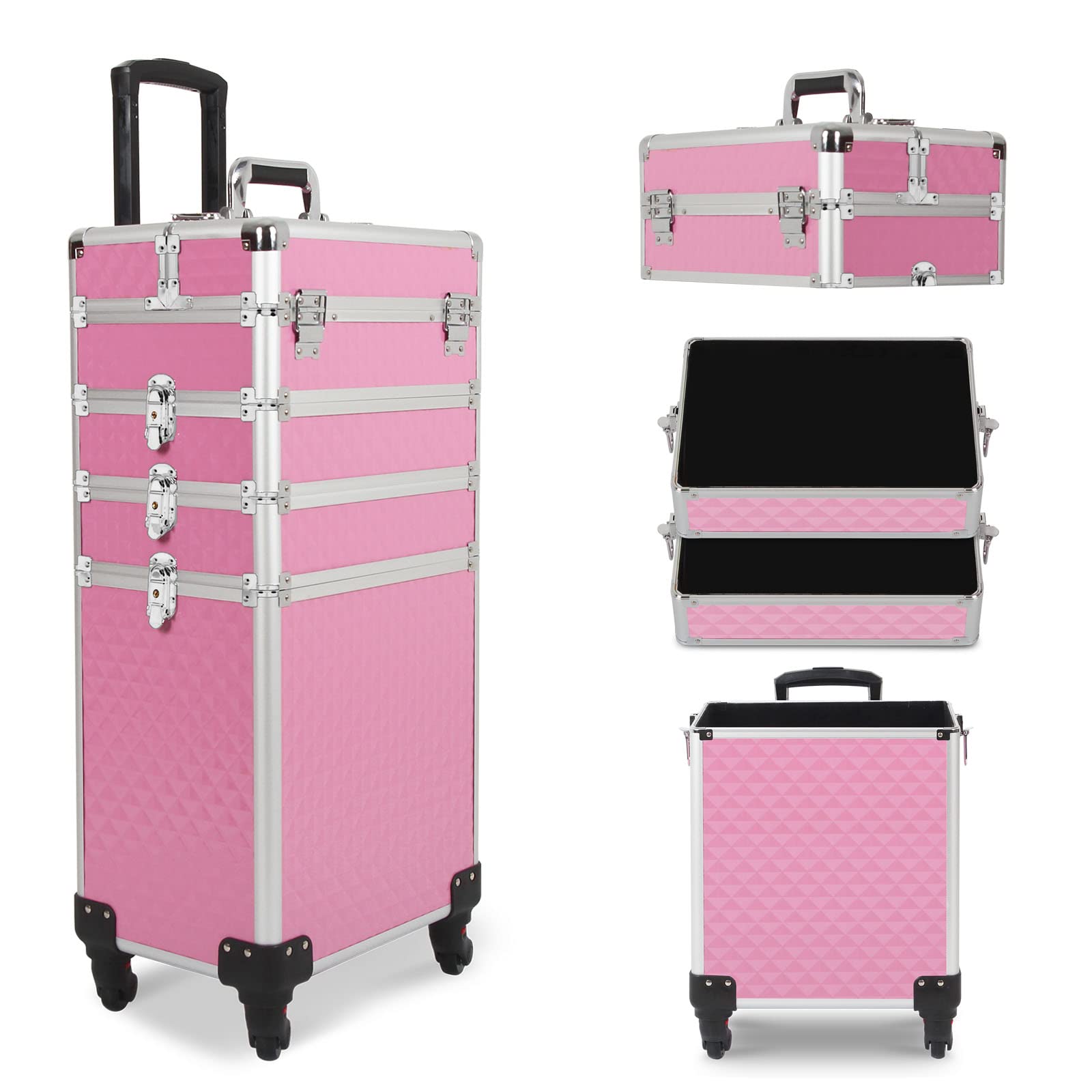 4 in 1 Professional Rolling Makeup Train Case with Wheels & Diamond Surface - Pink Cosmetic Organizer for Travel, Salon, and Makeup Artists | Portable Beauty Storage Solution