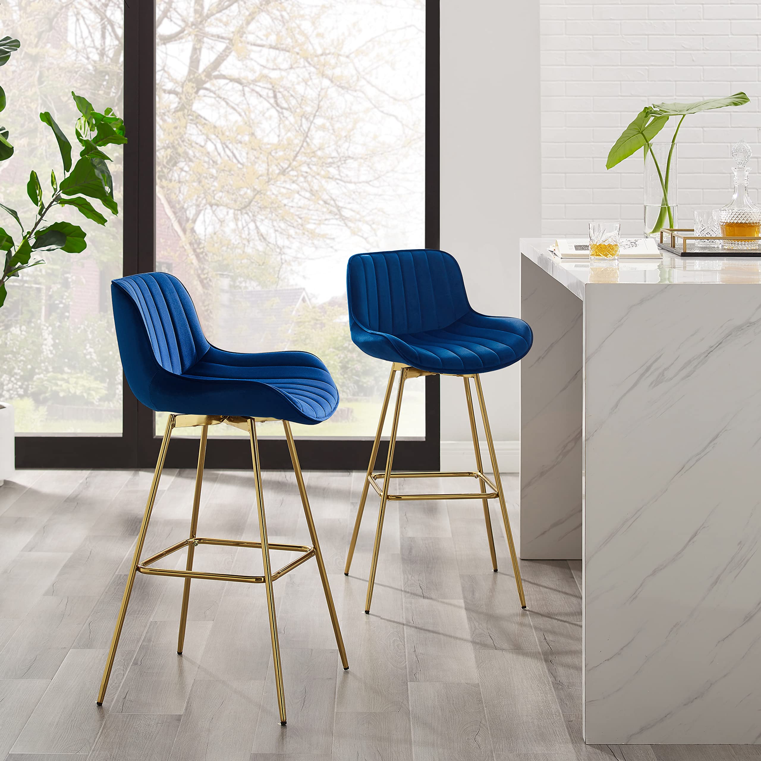 Zouron Swivel Bar Stools Set of 2 - Counter Height Kitchen Island Stools with Back & Gold-Plated Metal Legs, Velvet Upholstered Bar Chairs in Blue - Perfect for Kitchen, Dining Room & Home Bar Decor