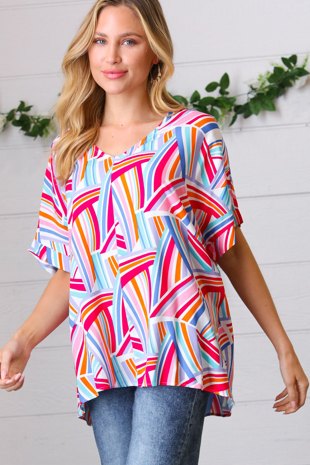 Stylish Blue & Fuchsia Geometric Print Woven Top for Women | Trendy Casual Blouse for Summer Outfits, Office Wear & Date Nights