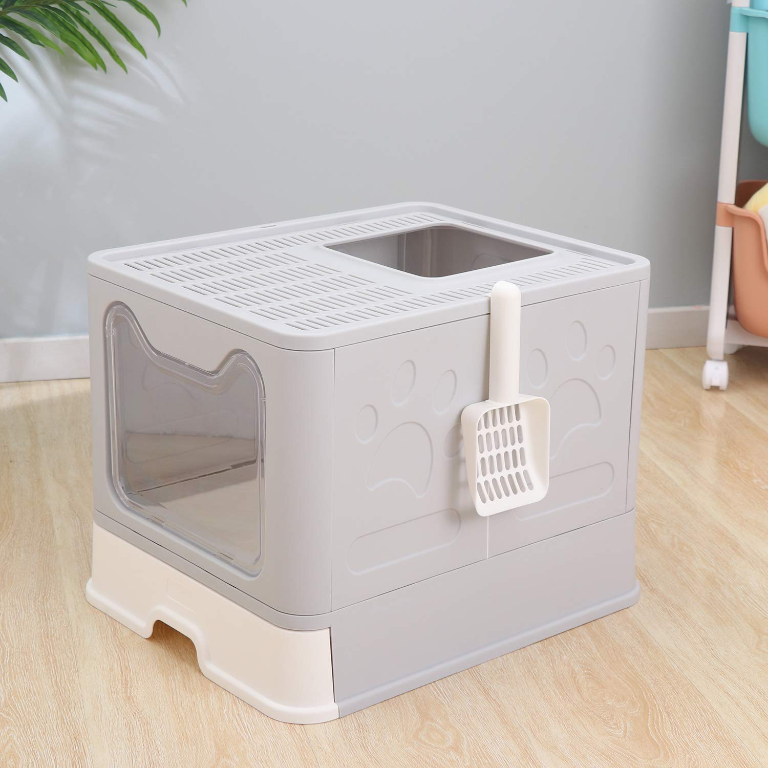 GENENIC Large Foldable Cat Litter Box with Lid - Top Entry Design for Anti-Splashing - Includes Plastic Scoop (Grey) | Perfect for Small Spaces & Travel | Odor Control for Home & Apartments