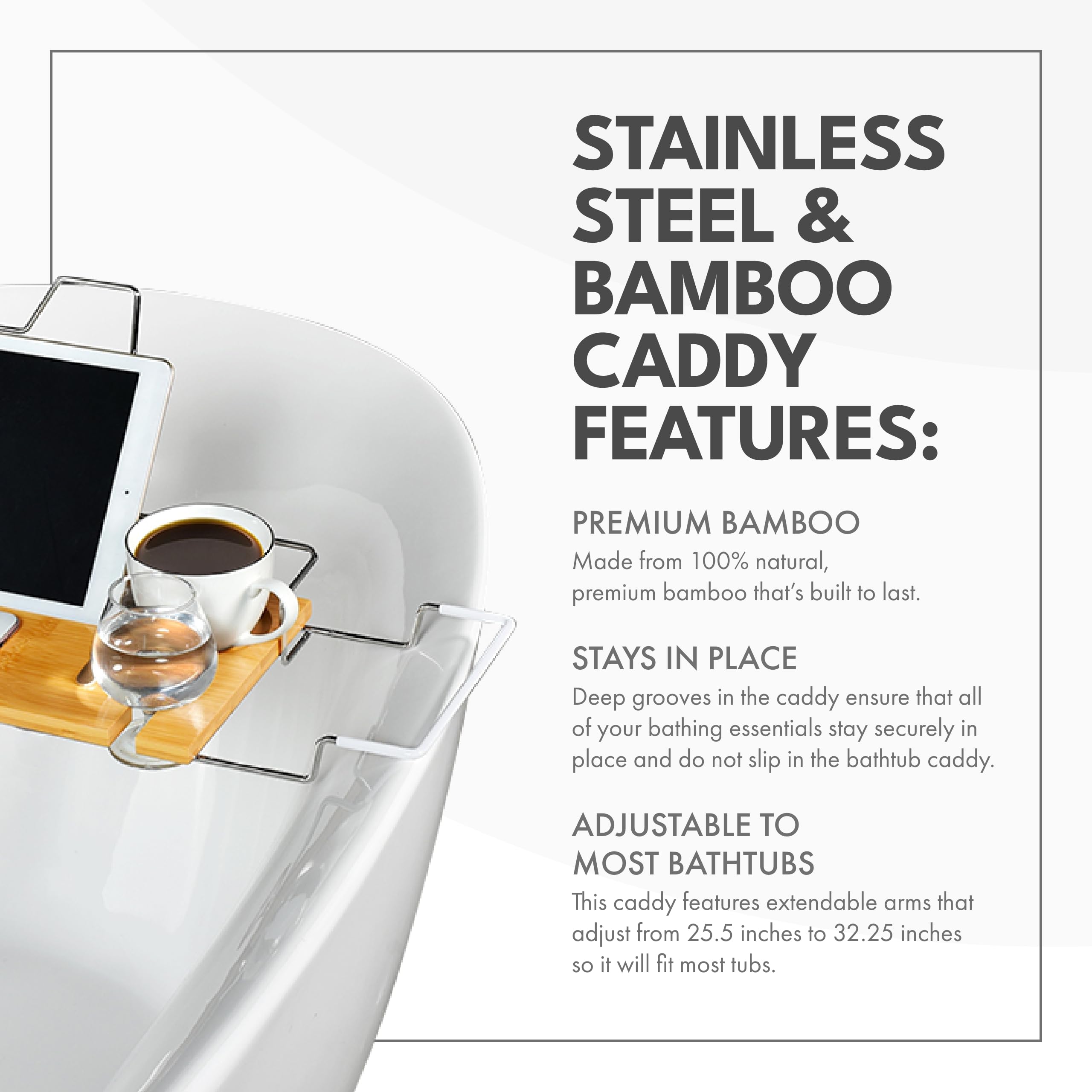 Stainless Steel & Bamboo Bathtub Caddy Tray - Luxury Bathtub Shelf for Books, Candles, Phone Holder | Spa Bath Accessories for Relaxing Bath Time