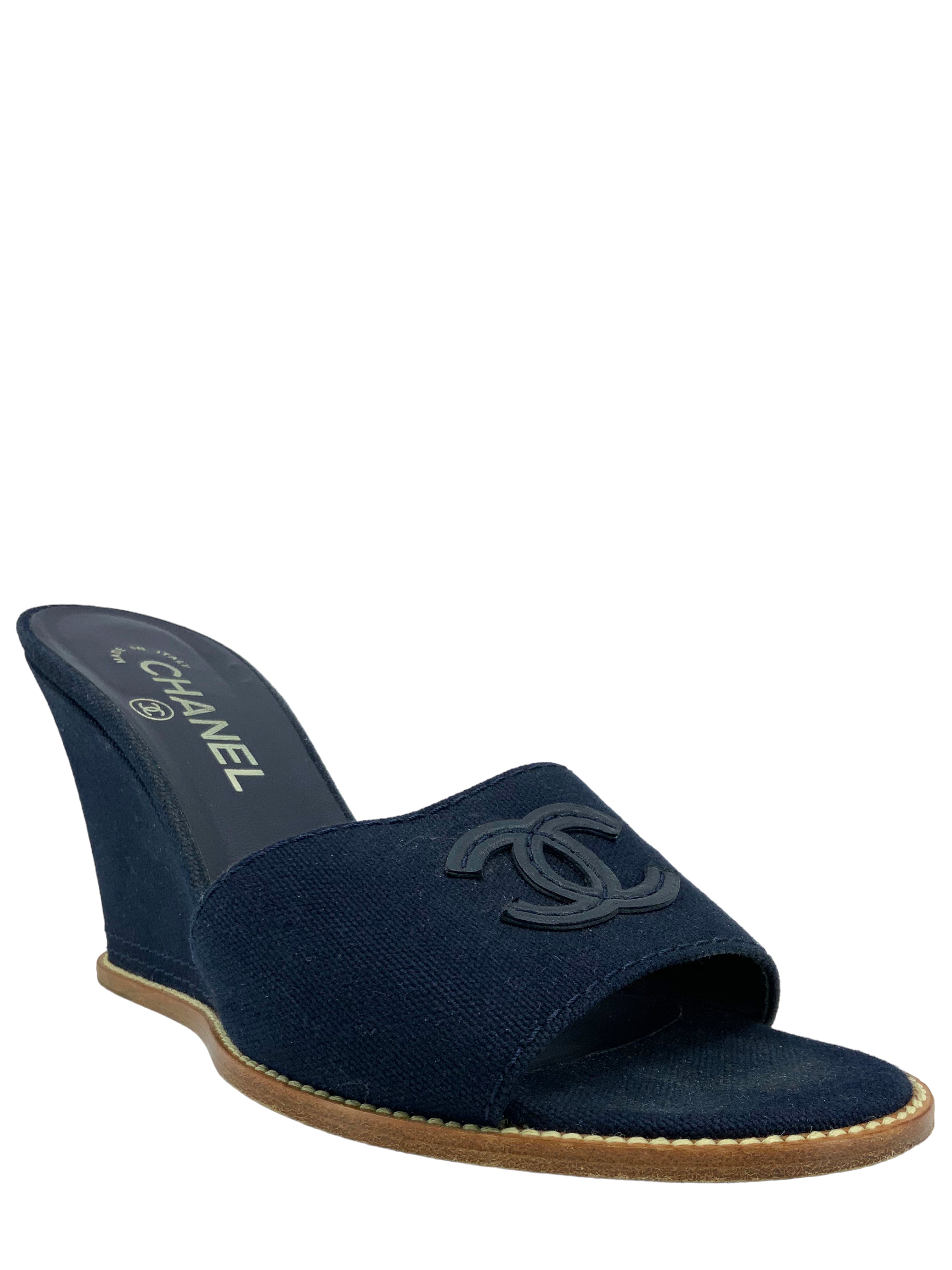 CHANEL CC Logo Canvas Wedge Sandals Women's Size 8.5 | Luxury Designer Summer Shoes for Beach, Vacation & Casual Outfits