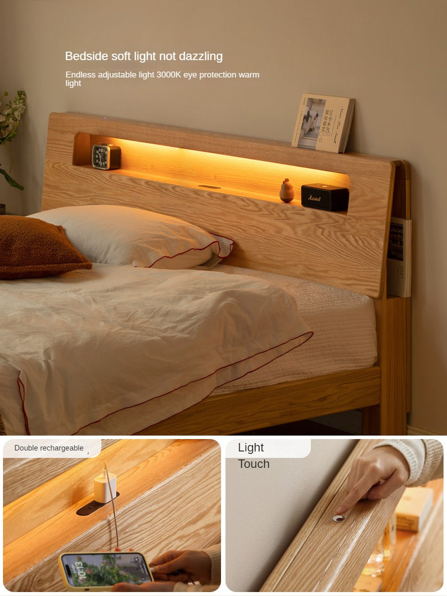 Solid Oak and Beech Wood Bed with Built-in LED Lights and Bookshelf - Modern Bedroom Furniture for Small Spaces, Lofts, and Studio Apartments