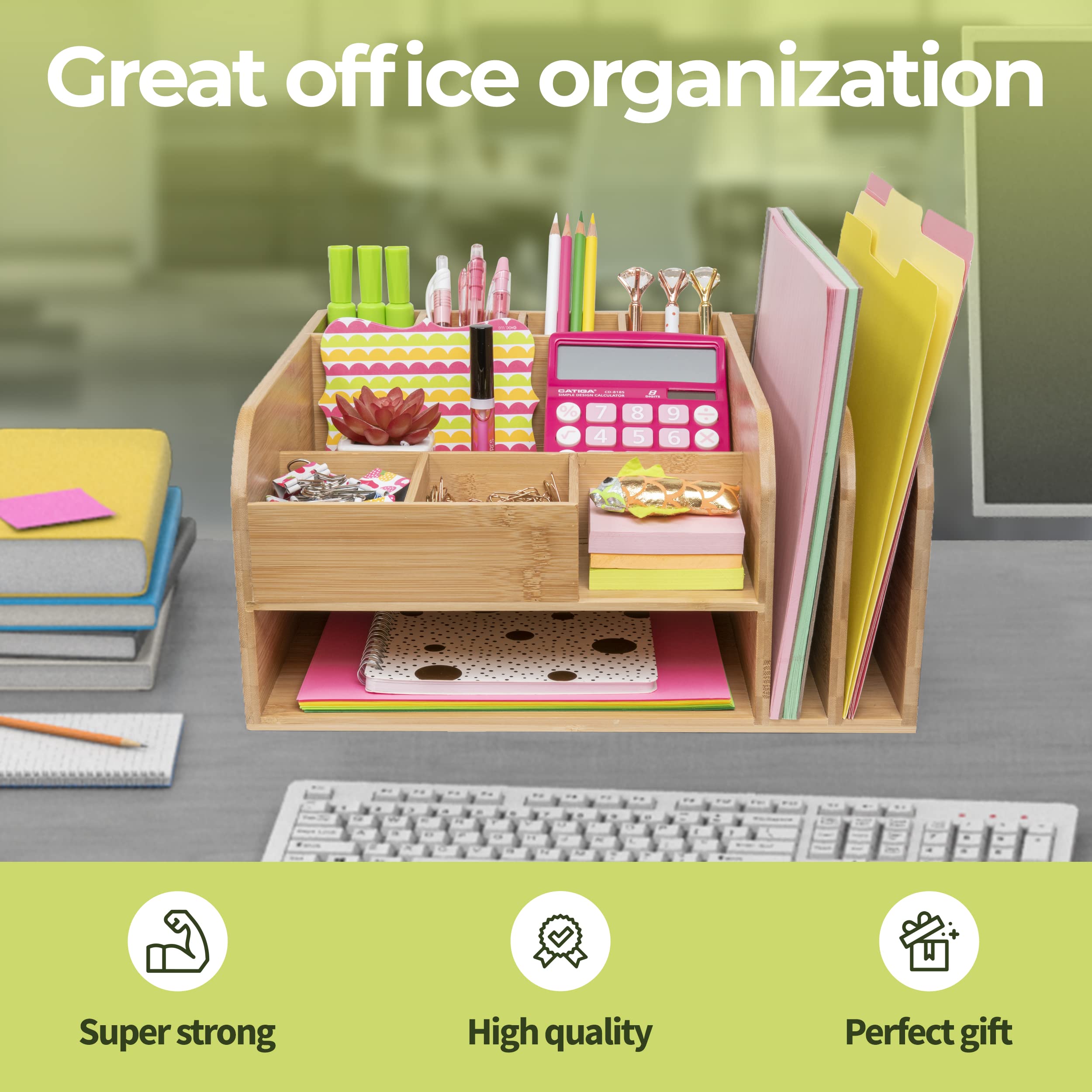 Bamboo Desk Organizer with Upright File Holders - Fully Assembled Office & Home Storage Solution for Pens, Papers & Supplies | Perfect for Workspace, Study & Classroom Organization