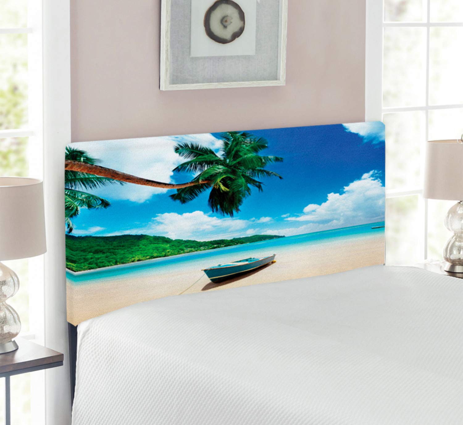 Ambesonne Upholstered Beach Headboard - Twin Size, Boat on The Beach Mahe Island Seychelles Landscape, Decorative Metal Bed Headboard with Memory Foam in Blue Green Sand Brown | Perfect for Coastal Bedroom Decor, Guest Rooms & Vacation Home Styling