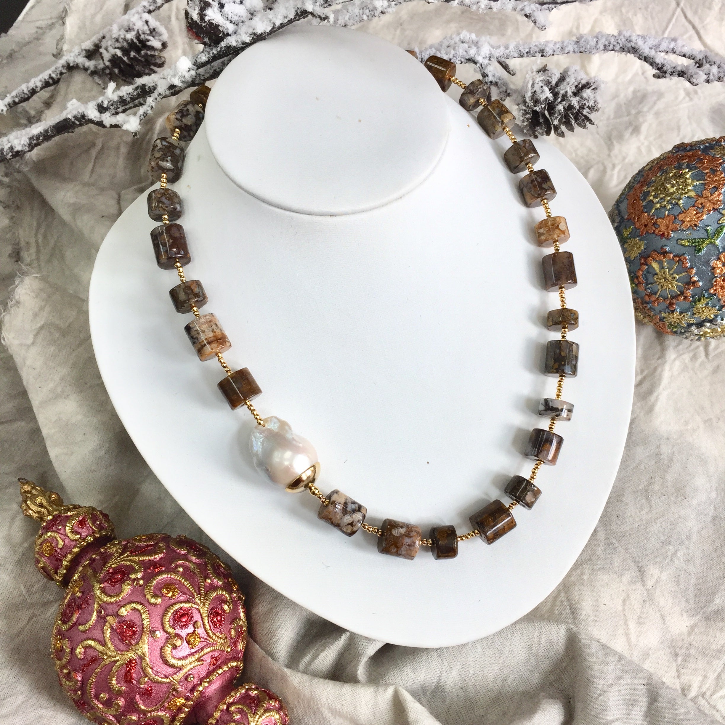 Exquisite Fire Opal & Baroque Pearl Necklace CN027 – Elegant Handmade Jewelry for Women, Perfect for Weddings, Parties & Special Occasions
