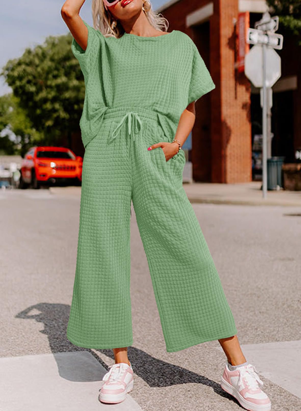 Dokotoo Women's Summer 2 Piece Outfit - Short Sleeve Crewneck Pullover Top & Drawstring Wide Leg Lounge Pants Set | Casual Comfort Wear for Home, Travel & Vacation