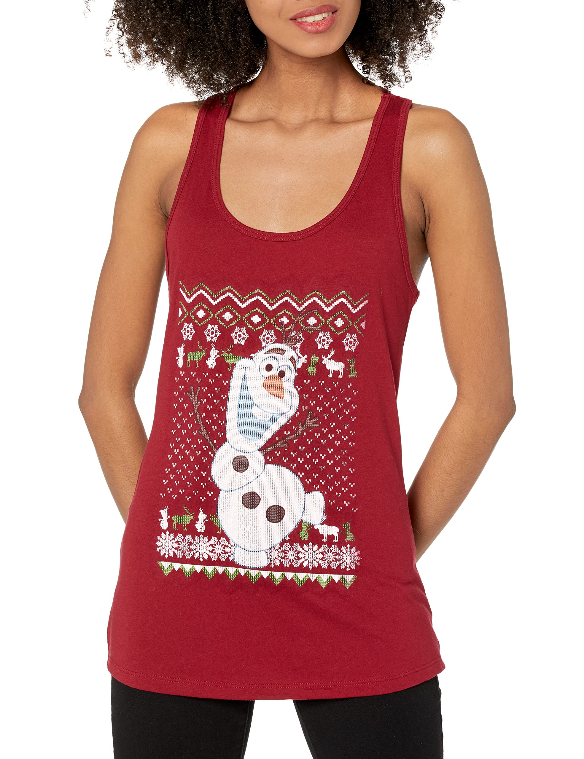 Fifth Sun Women's Frozen Olaf Celebration Slim Fit Scoop Neck Racerback Tank Top - Disney Inspired Summer Casual Wear for Theme Parks & Beach Outings