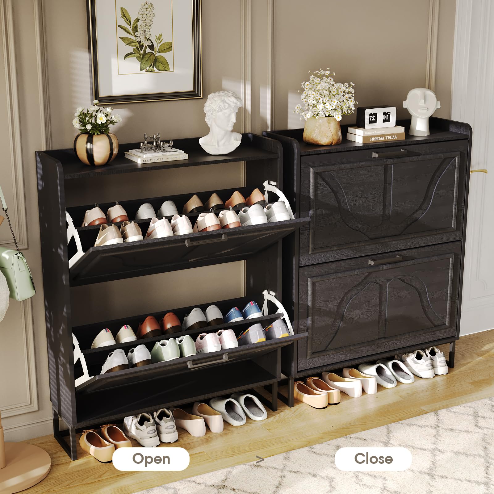 Maupvit 2-Tier Flip-Door Shoe Cabinet - Freestanding Entryway Shoe Storage Organizer with Metal Legs, Slim Space-Saving Design for Hallway, Closet & Apartment - Perfect for Small Spaces & Shoe Organization (Black)