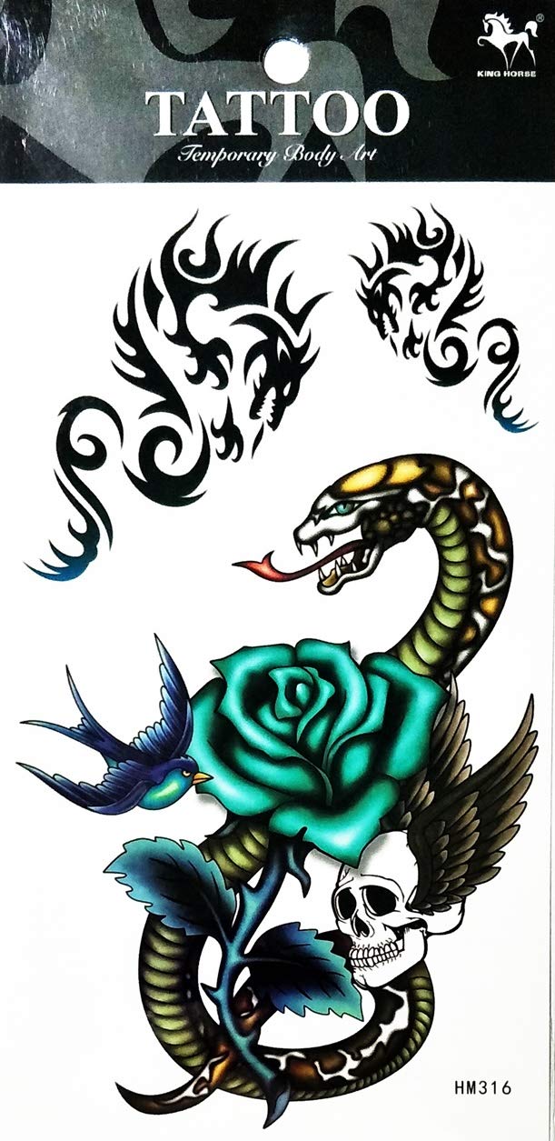 Blue Rose Snake Dragon Skull Wing Temporary Tattoos - 2 Sheets Waterproof Fake Body Art Stickers for Halloween, Cosplay, Parties & Festivals - Easy to Apply & Remove