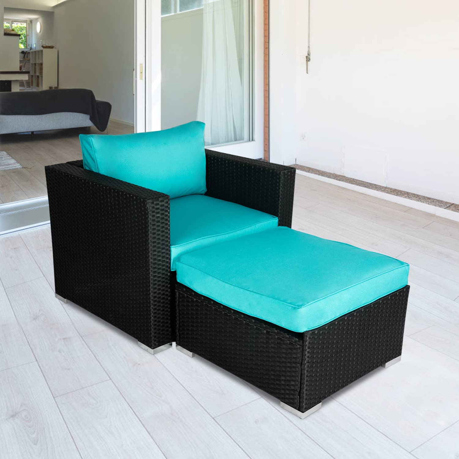 Kinbor Outdoor Chair with Ottoman - Patio Furniture Corner Couch Seating Set, Rattan Balcony Garden Furniture with Cushions for Relaxing in Backyard, Poolside or Terrace
