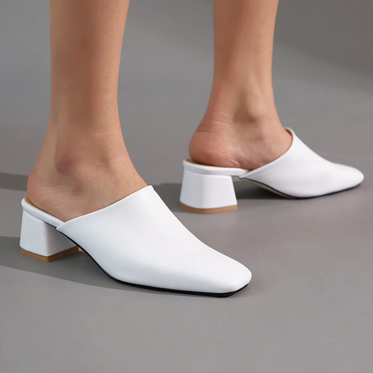 SHEMEE Women's Closed Square Toe Chunky Heel Slides - Comfortable Mule Pumps with Slip-On Design, Mid Block Heels for Casual Wear, Backless Slingback Shoes for Office, Party & Everyday Outfits