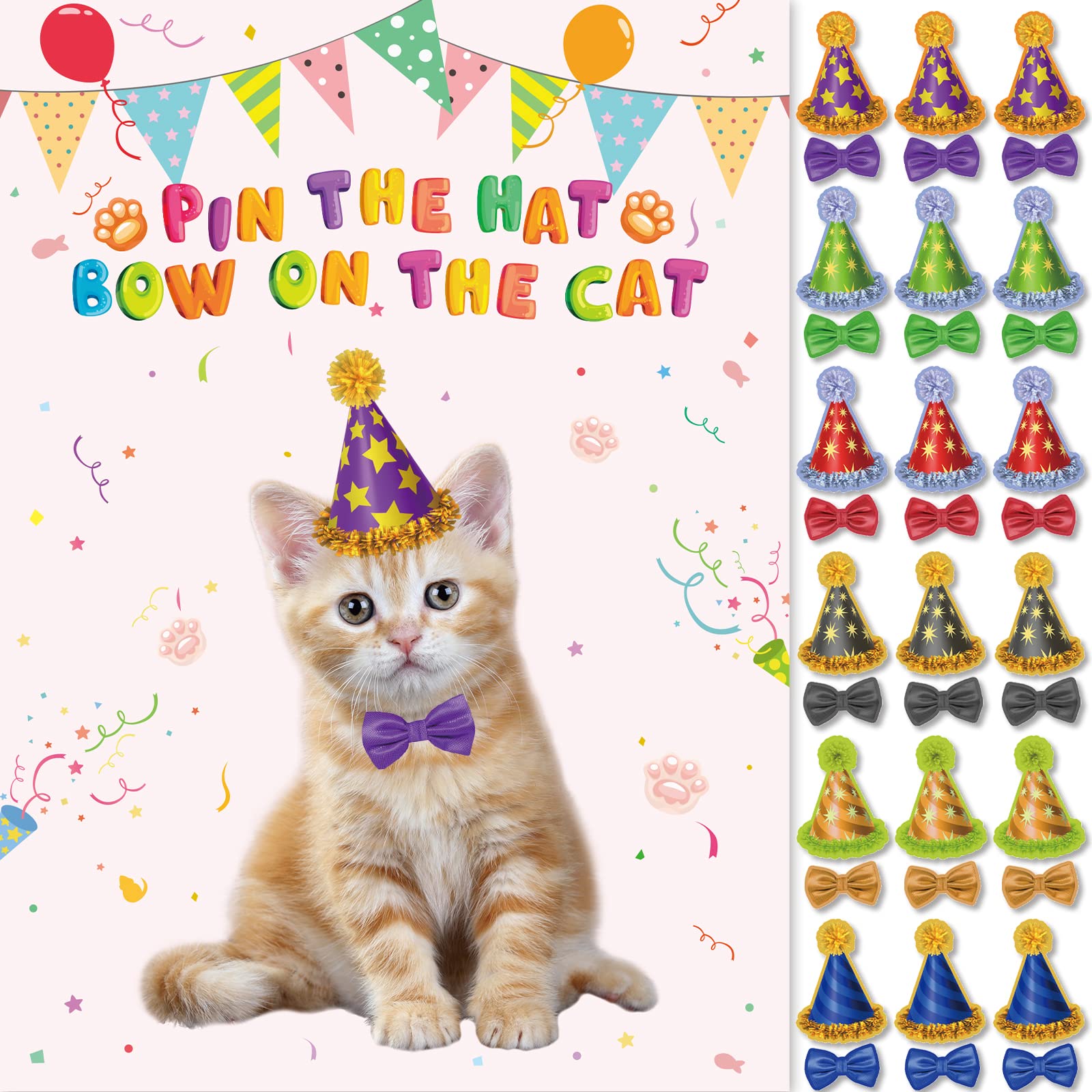 Pin the Hat Bow on the Cat Game - 36Pcs Cat Party Supplies Kit with Hat & Bow Stickers, Blindfolds for Kids - Perfect for Cat Themed Birthday Decorations, Baby Showers & Family Game Nights