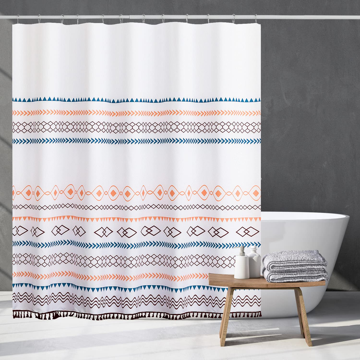 Boho Shower Curtain for Bathroom - Modern Farmhouse Tassel Design, Tribal Pattern Fabric Shower Curtain Set with 12 Hooks, 72x72 Inches, Multi-Color | Perfect for Boho, Farmhouse & Vintage Style Bathroom Decor