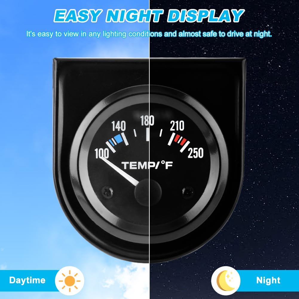 52mm Water Temp Gauge 100-250℉ with LED Backlight for Car, Boat, Truck - Black