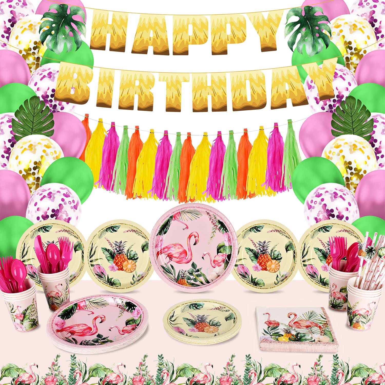Premium Flamingo Party Supplies Set - 16-Piece Disposable Paper Plates, Napkins, Cups, Cutlery, Straws, Tablecloth, Balloons & Decorations for Birthday, Beach, Summer, Pool & Hawaiian Themed Parties - Perfect for Outdoor Celebrations & Tropical Events