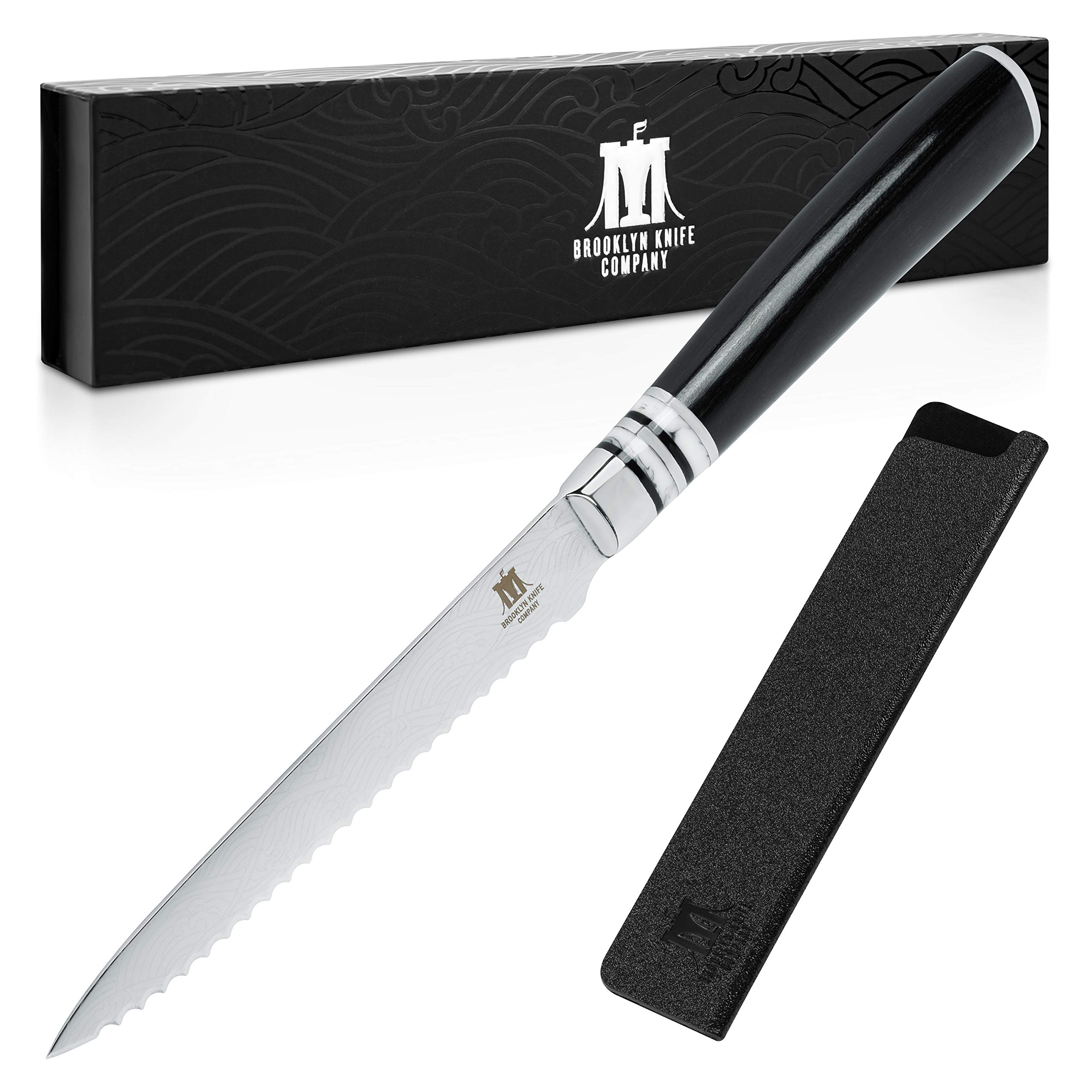 Brooklyn Knife Co. Serrated Utility Knife - Japanese Seigaiha Series - 5.5 Inch High Carbon Steel Blade with Etched Design | Perfect for Camping, Kitchen, and Outdoor Adventures