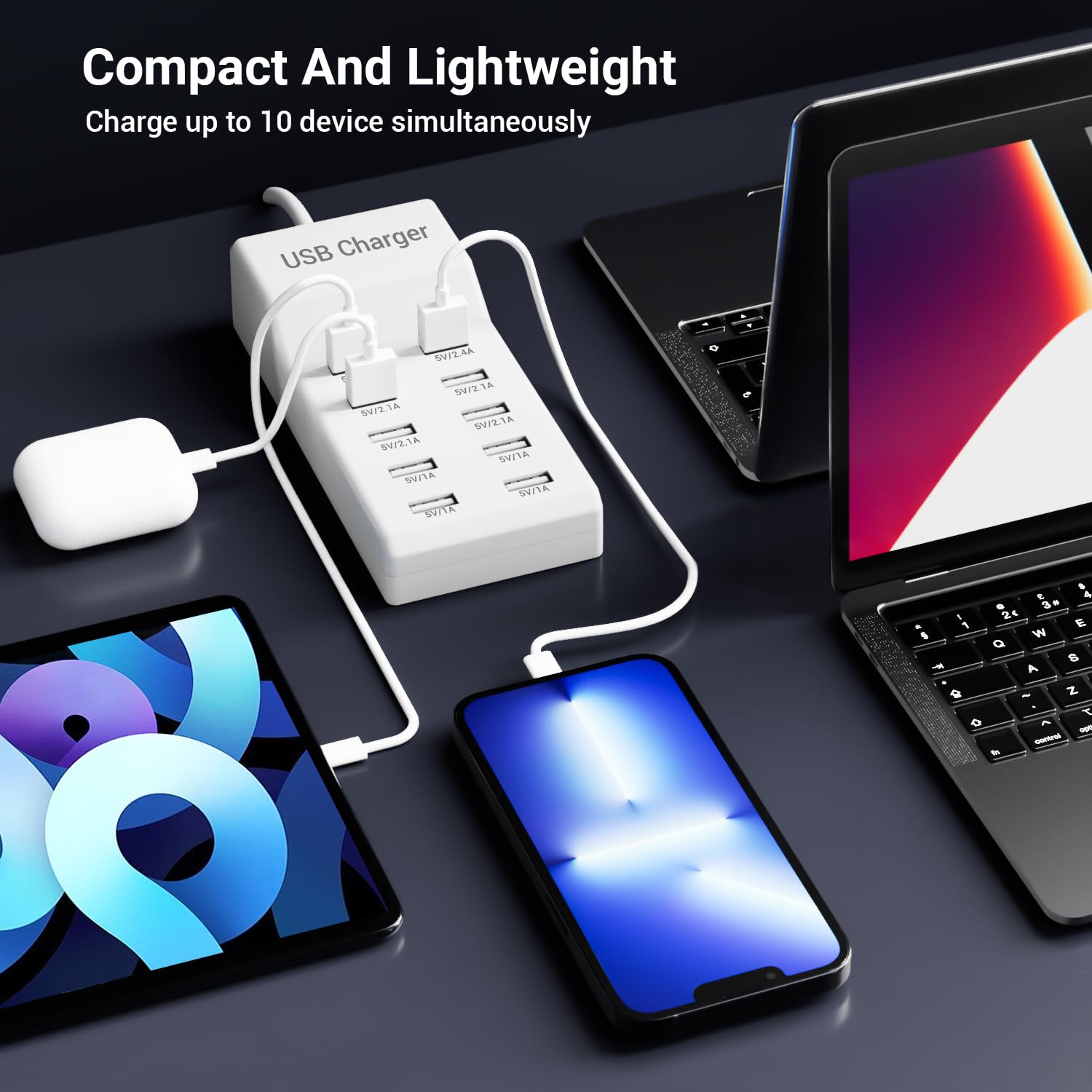 10-Port USB Charging Station - Fast Multi-Port USB Hub Charger for iPhone 15/14/13, Samsung Galaxy S23/S22, iPad Pro/Air/Mini - White Desktop Charging Dock (Model YC-A10) - Perfect for Home, Office & Travel Use
