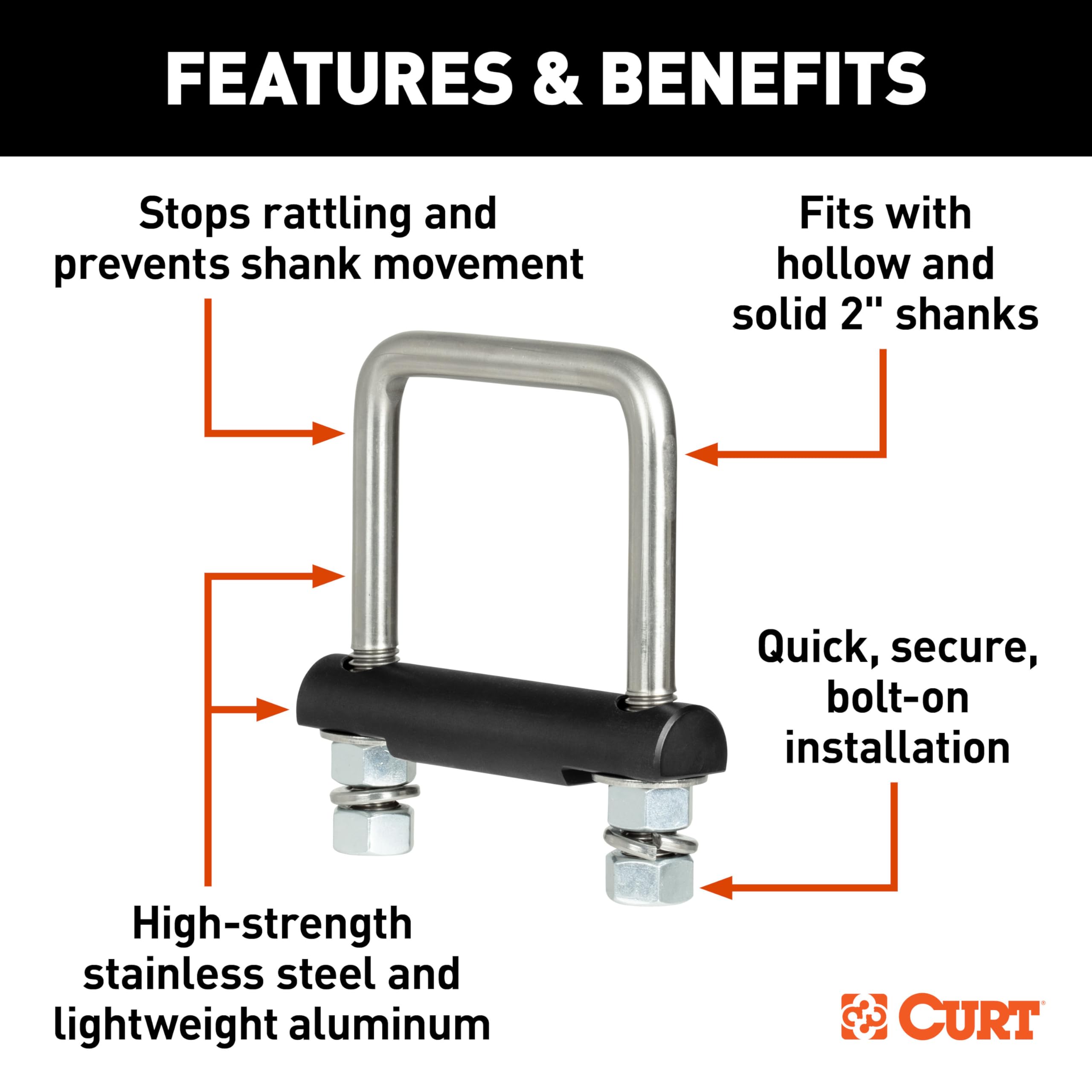 CURT Anti-Rattle Hitch Clamp Tightener for 2-Inch Receiver - Compatible with Hollow or Solid Shanks, Stainless Steel Construction (Model 45367) - Secure Towing for Trucks, Trailers & RVs