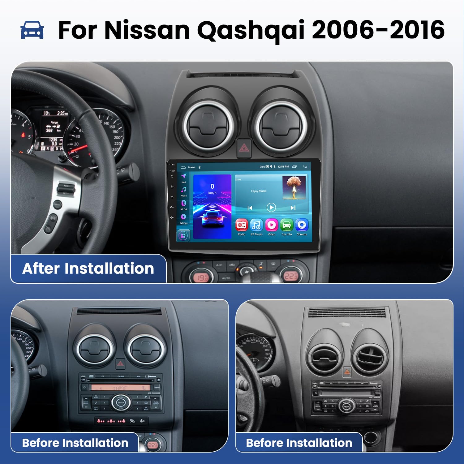 2+64GB Hikity Android 13 Car Stereo with Wireless CarPlay & Android Auto for Nissan Qashqai 2006-2016 - 9 Inch Touchscreen GPS Navigation, WiFi, Bluetooth, RDS, Reverse Camera & Microphone - Perfect for Hands-Free Calling & Safe Driving