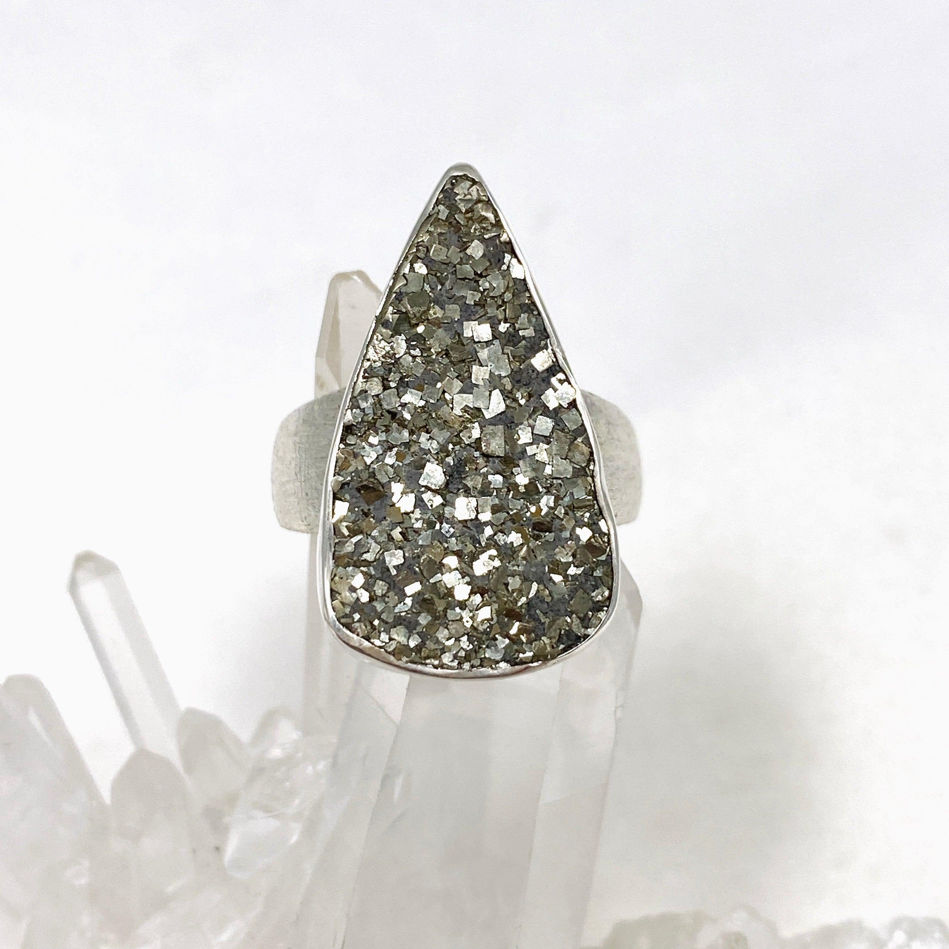 Natural Pyrite Raw Teardrop Ring with Brushed Silver Band - Size 10 - KRGJ3192 - Perfect for Boho Jewelry & Crystal Healing Collections