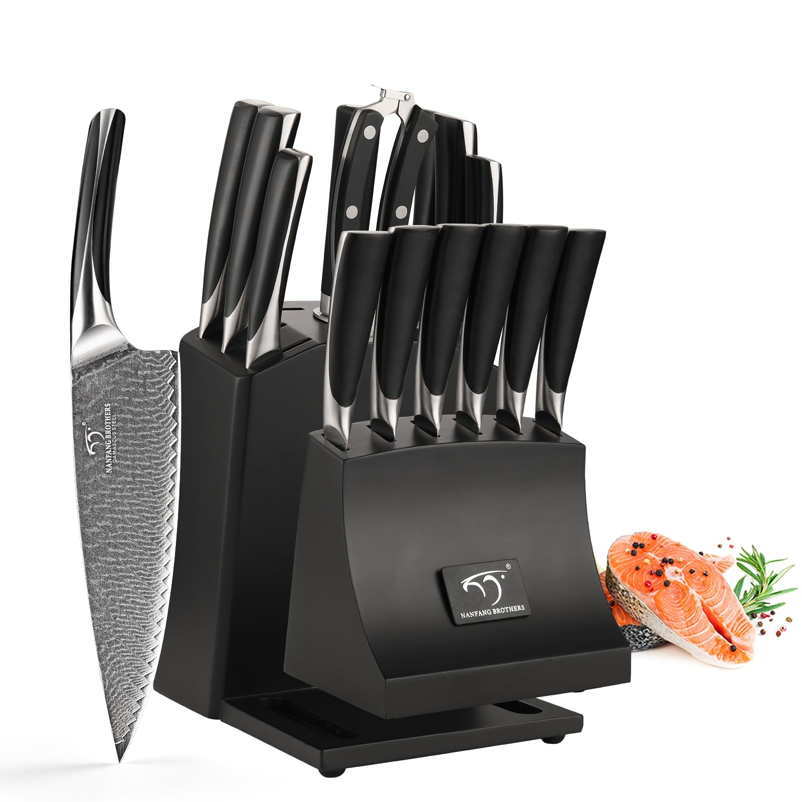 Premium 15-Piece Damascus Steel Knife Set with Wooden Block - Professional Chef Knives, Carving Fork & Ergonomic ABS Handles - Perfect for Home Cooking, BBQ & Gourmet Meal Preparation (Black)