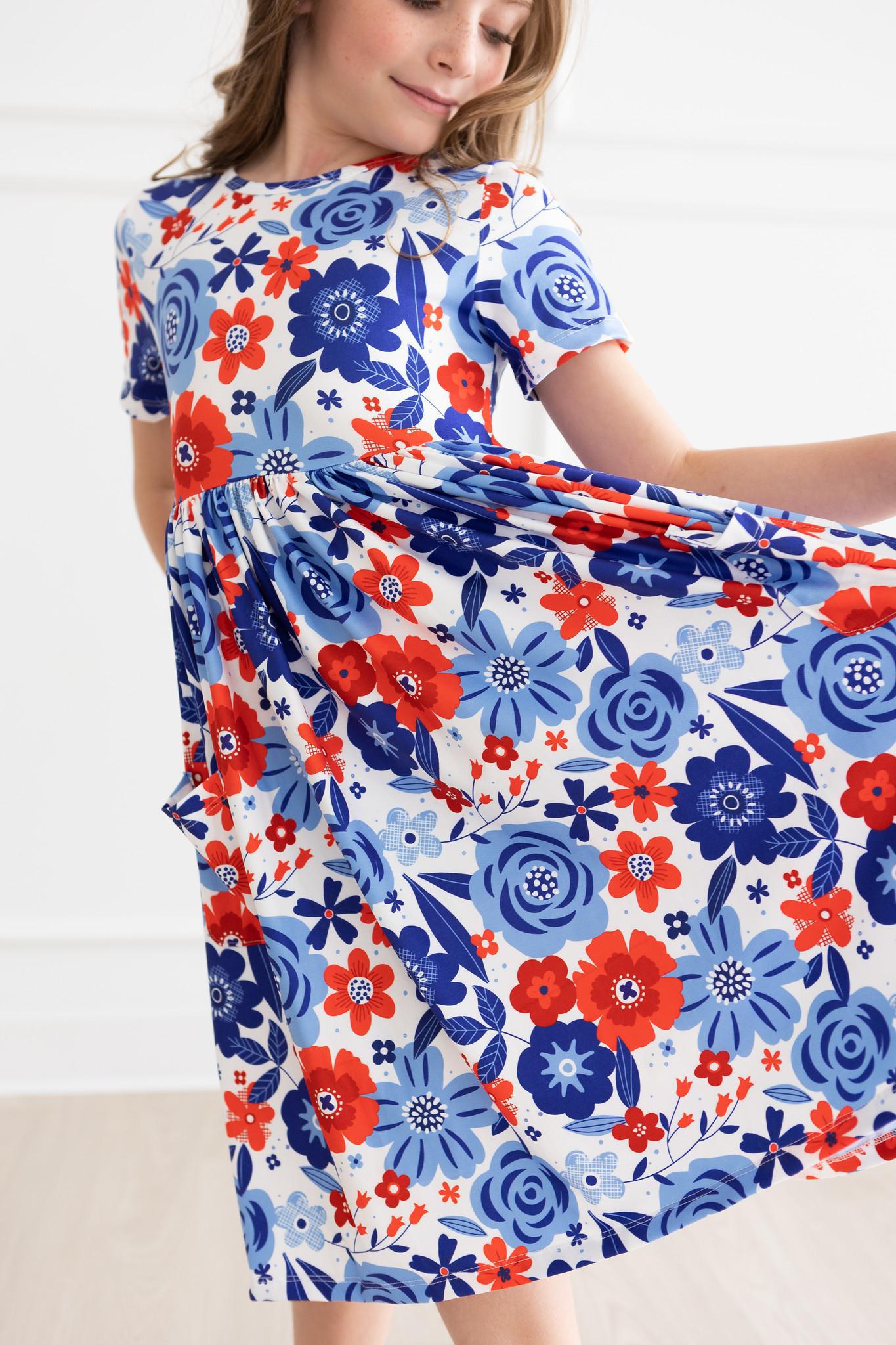 Happy 4th Floral Short Sleeve Pocket Twirl Dress - Perfect for Summer Parties, Independence Day Celebrations & Casual Outings