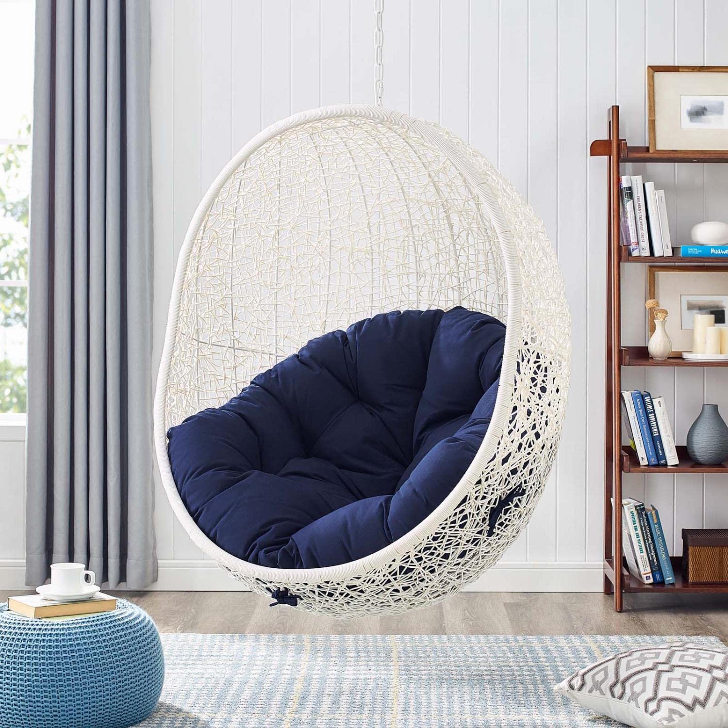 Modway White Navy Outdoor Patio Swing Chair - Wicker Rattan with Sunbrella® Fabric & Steel Hanging Chain - Perfect for Backyard, Garden, and Poolside Relaxation