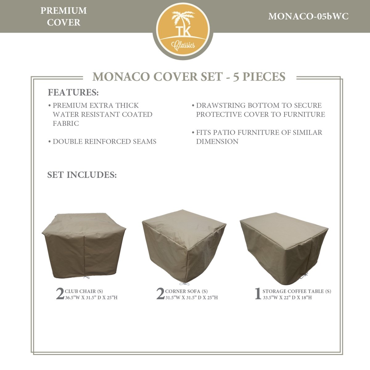 TK Classics MONACO-05bWC Waterproof Patio Furniture Covers - Beige Outdoor Chair & Table Protector for All Weather Use in Garden, Deck, Backyard