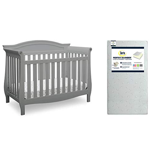 Delta Children Lancaster 4-in-1 Convertible Baby Crib to Toddler Bed | Grey Nursery Furniture with Serta Perfect Slumber Dual-Sided Mattress | Safe Sleep Solution for Newborns & Toddlers | Nursery & Daycare Essentials