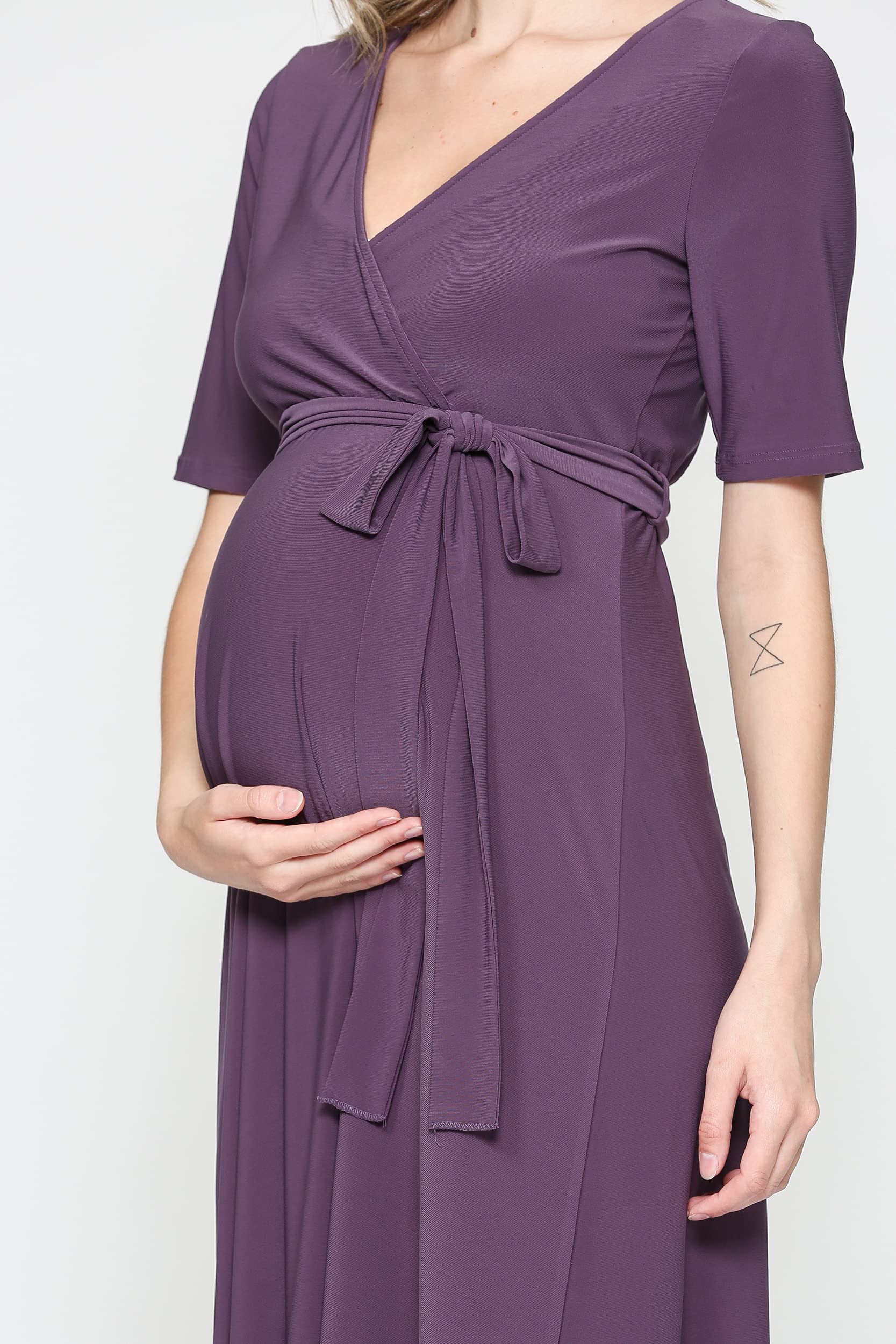 Maternity Wrap Dress for Women - Stretchy Midi Length with Adjustable Waist Belt | Perfect for Pregnancy, Nursing & Postpartum Comfort | Office, Party & Everyday Wear