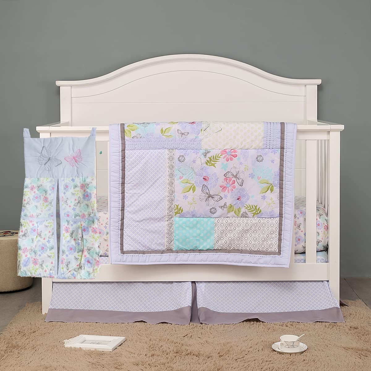 4-Piece Purple Butterfly Embroidery Nursery Crib Bedding Set - 1 Quilt, 1 Fitted Sheet, 1 Crib Skirt, 1 Diaper Storage Bag - Floral Butterfly Baby Girl Bedding for Cot | Perfect for Nursery Decor, Baby Showers & Newborn Gifts