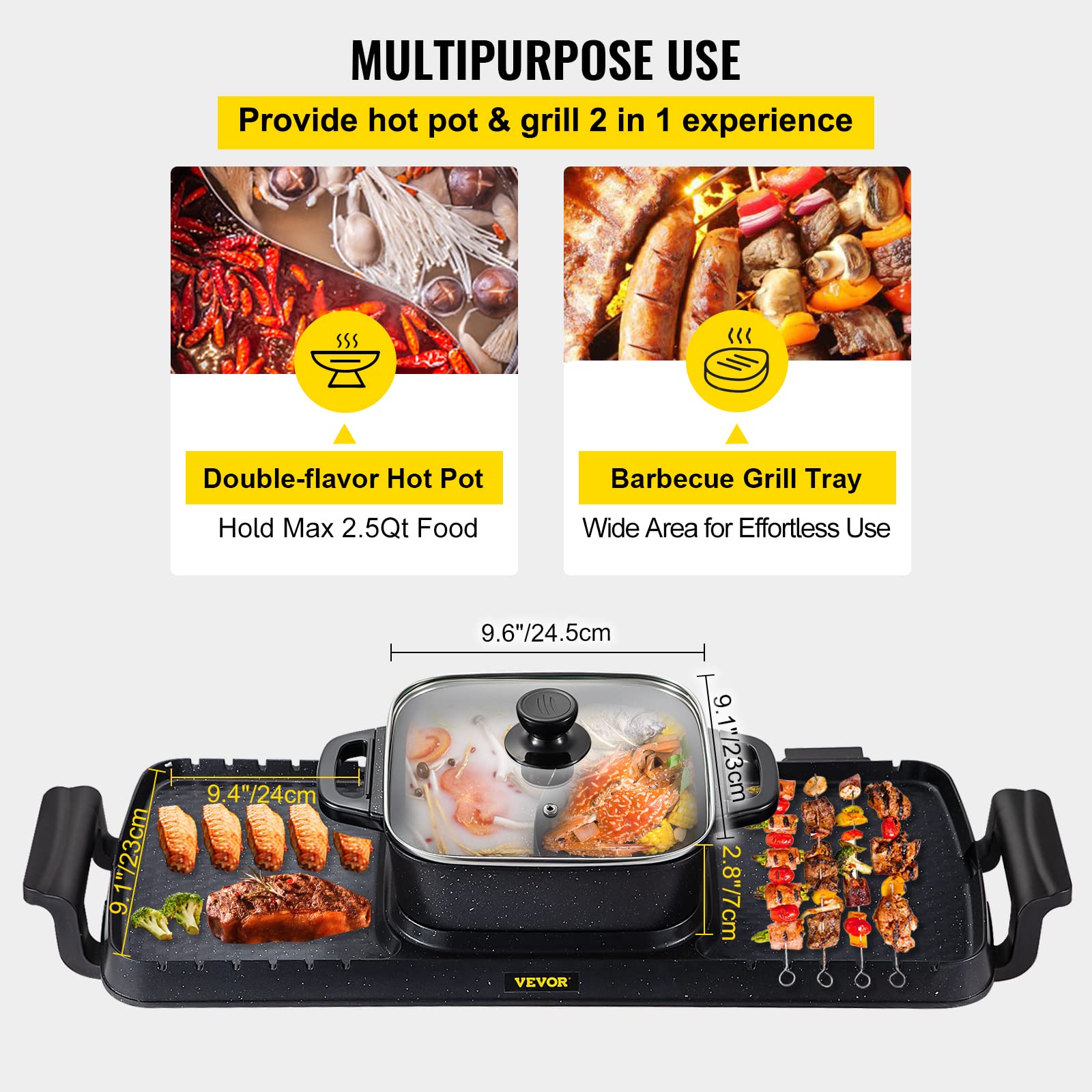 VEVOR 2400W Electric Grill & Hot Pot Combo - Smokeless 2-in-1 Indoor Grill with Dual Temperature Control, Nonstick Teppanyaki Griddle for BBQ, Shabu Shabu, Fondue - Perfect for Family Gatherings (1-8 People)