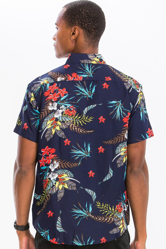 Hawaiian Button Down Shirt for Men - Tropical Floral Print Short Sleeve Casual Shirt - Perfect for Beach Vacation, Summer Party & Luau Events