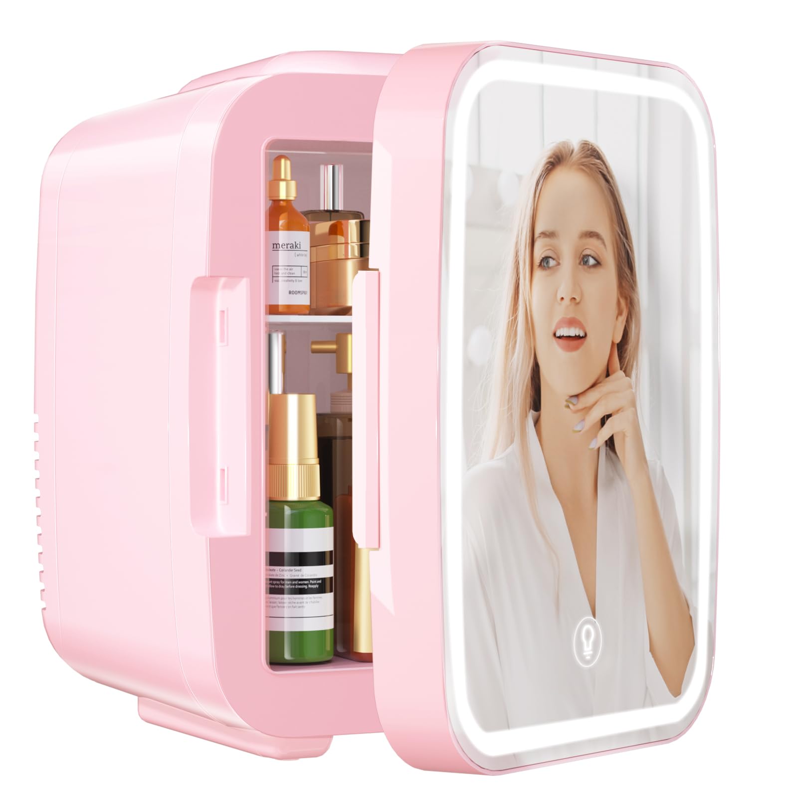 YASHE 4L Mini Skincare Fridge with LED Mirror - Portable Cooler & Warmer for Cosmetics, Makeup, Food & Drinks (Holds 6 Cans) - Perfect for Bedroom, Vanity, Office & Car Use - Pink Beauty Fridge with Dimmable Light